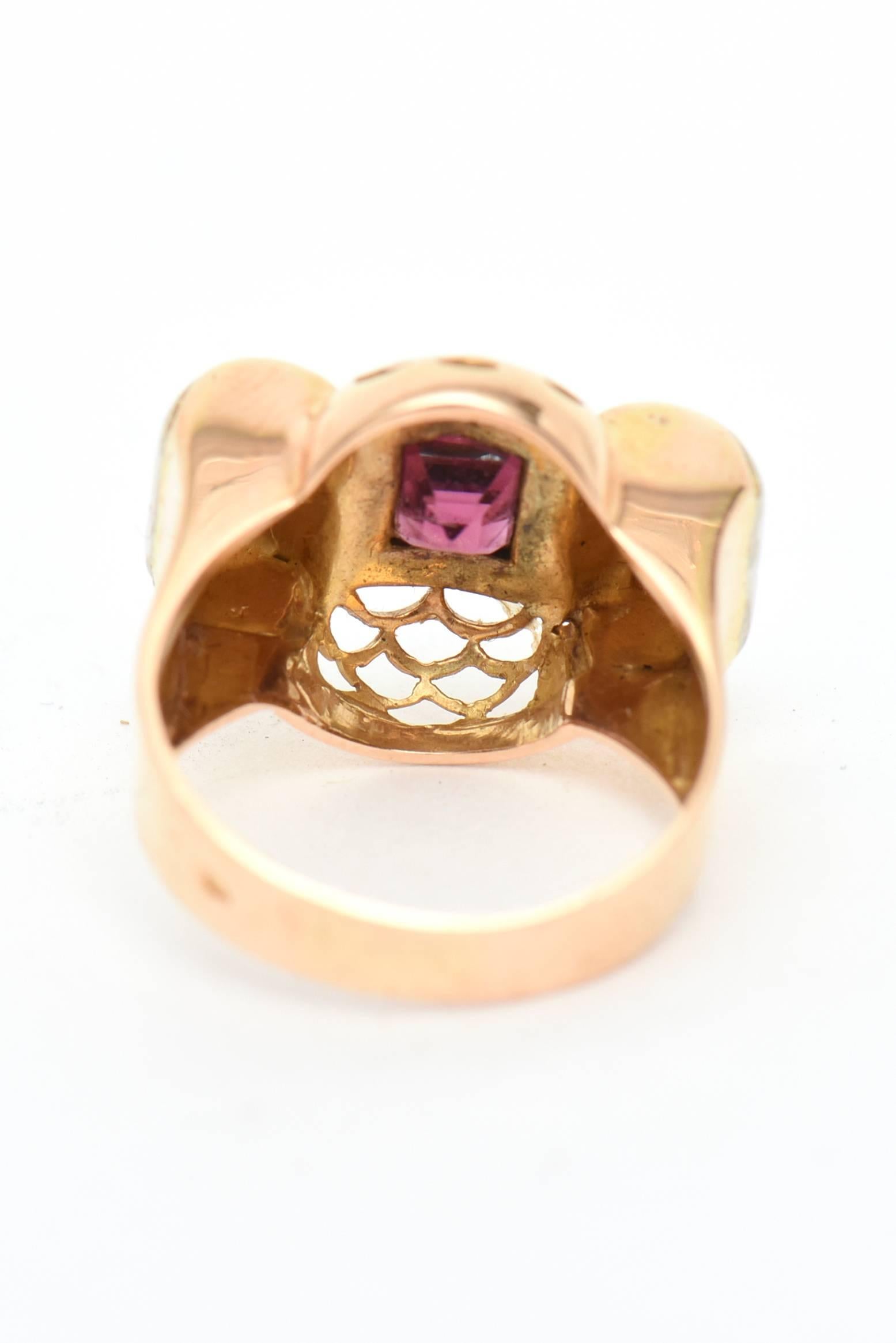 Women's Retro 14 Karat Rose Gold, Diamond and Rubelite Ring For Sale