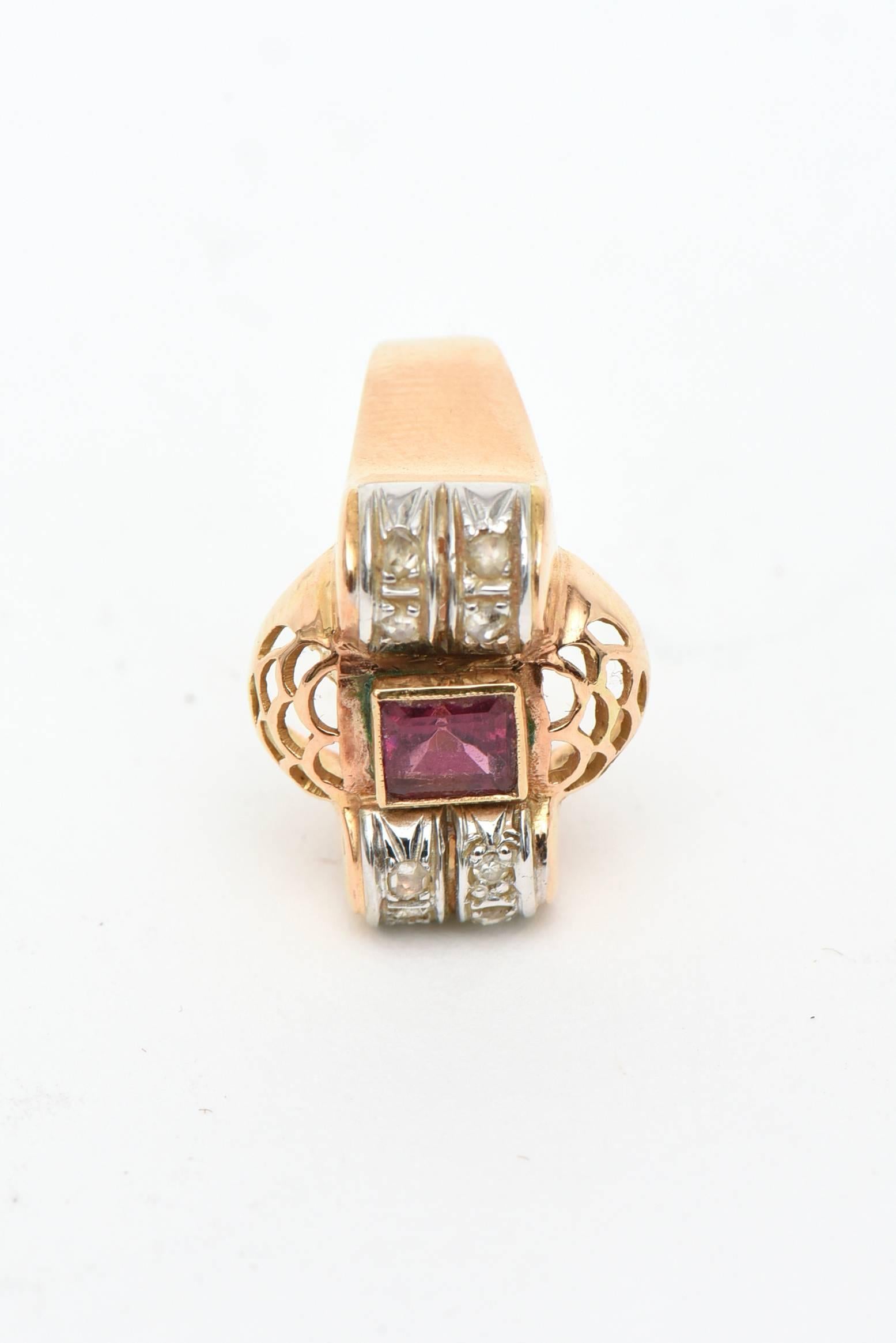 Rose Cut Retro 14 Karat Rose Gold, Diamond and Rubelite Ring For Sale