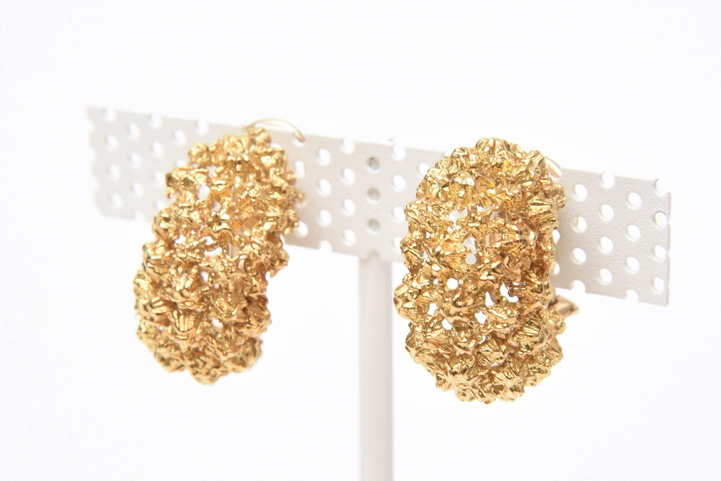 Modern Pair of Gold Cluster Nugget Clip On Earrings