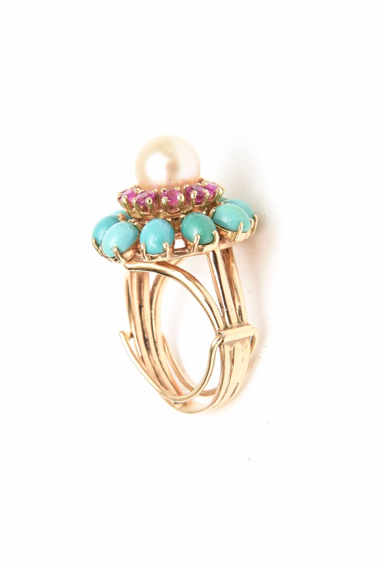 Women's Ruby, Pearl, Turquoise and 14 Karat Yellow Gold Dome Cocktail Ring Vintage