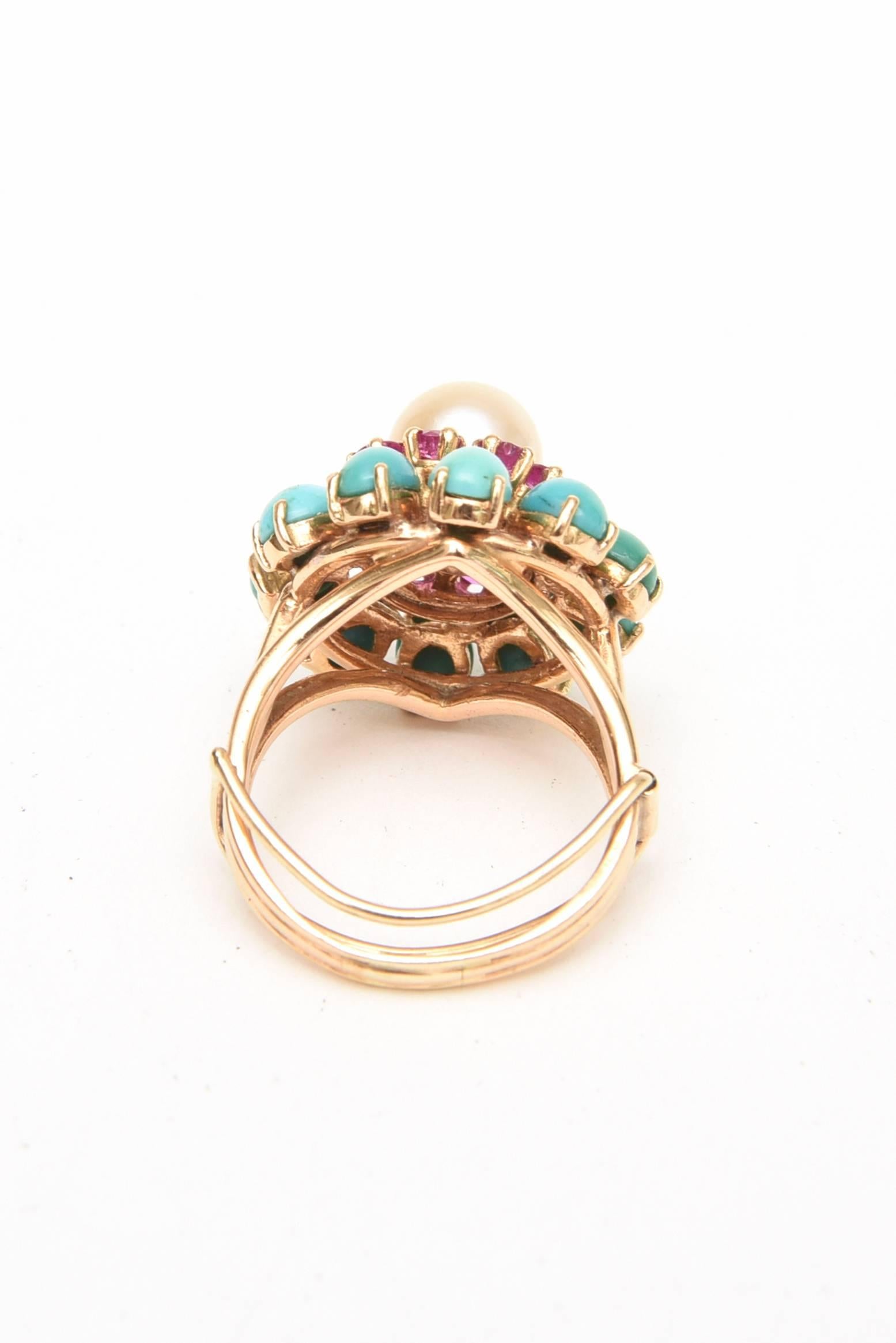 Ruby, Pearl, Turquoise and 14 Karat Yellow Gold Dome Cocktail Ring Vintage 1