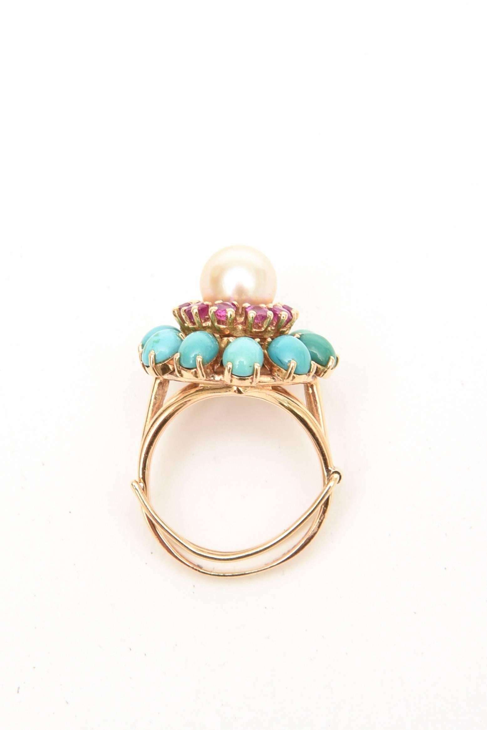 Ruby, Pearl, Turquoise and 14 Karat Yellow Gold Dome Cocktail Ring Vintage In Good Condition In North Miami, FL