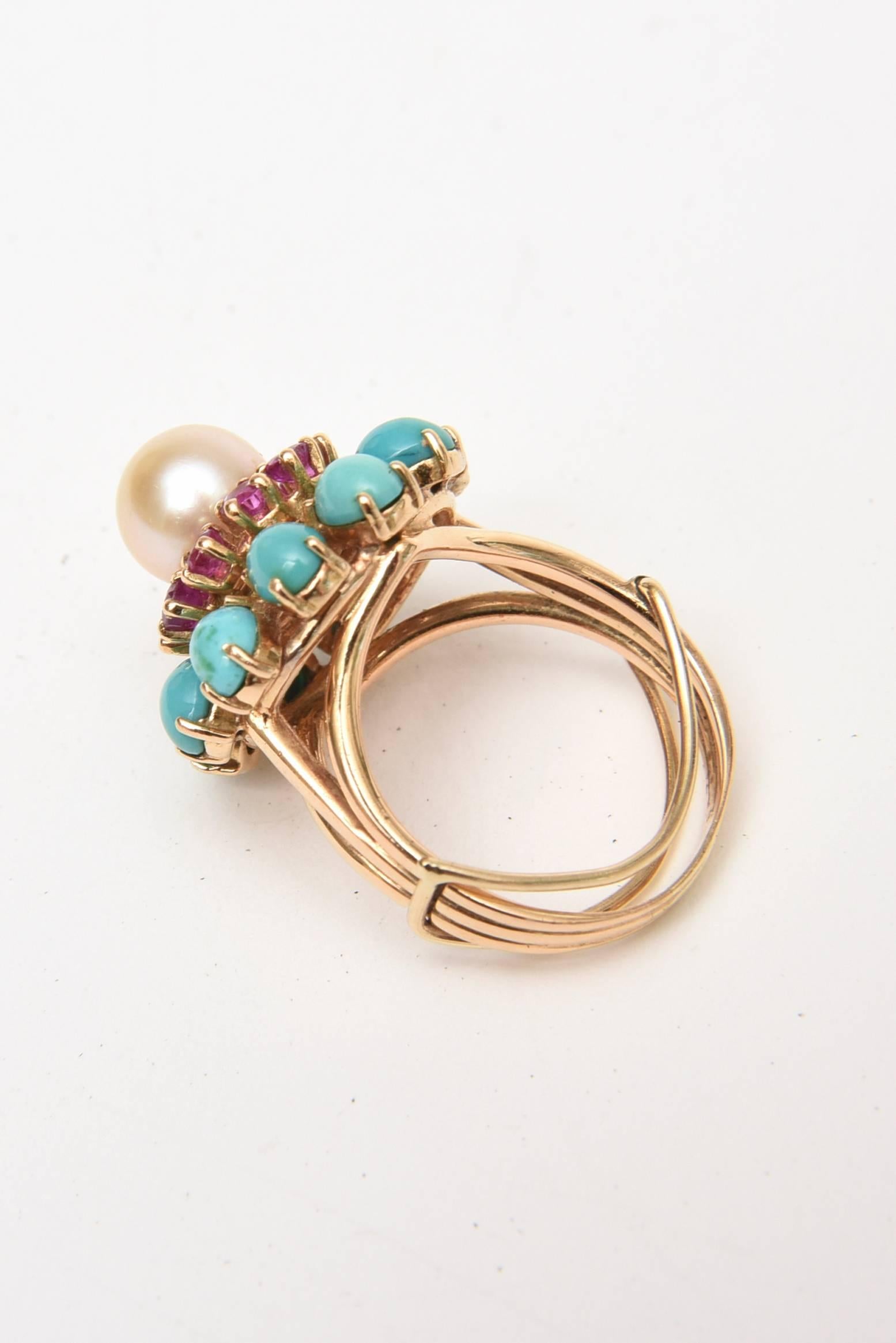 Modern Ruby, Pearl, Turquoise and 14 Karat Yellow Gold Dome Cocktail Ring Vintage