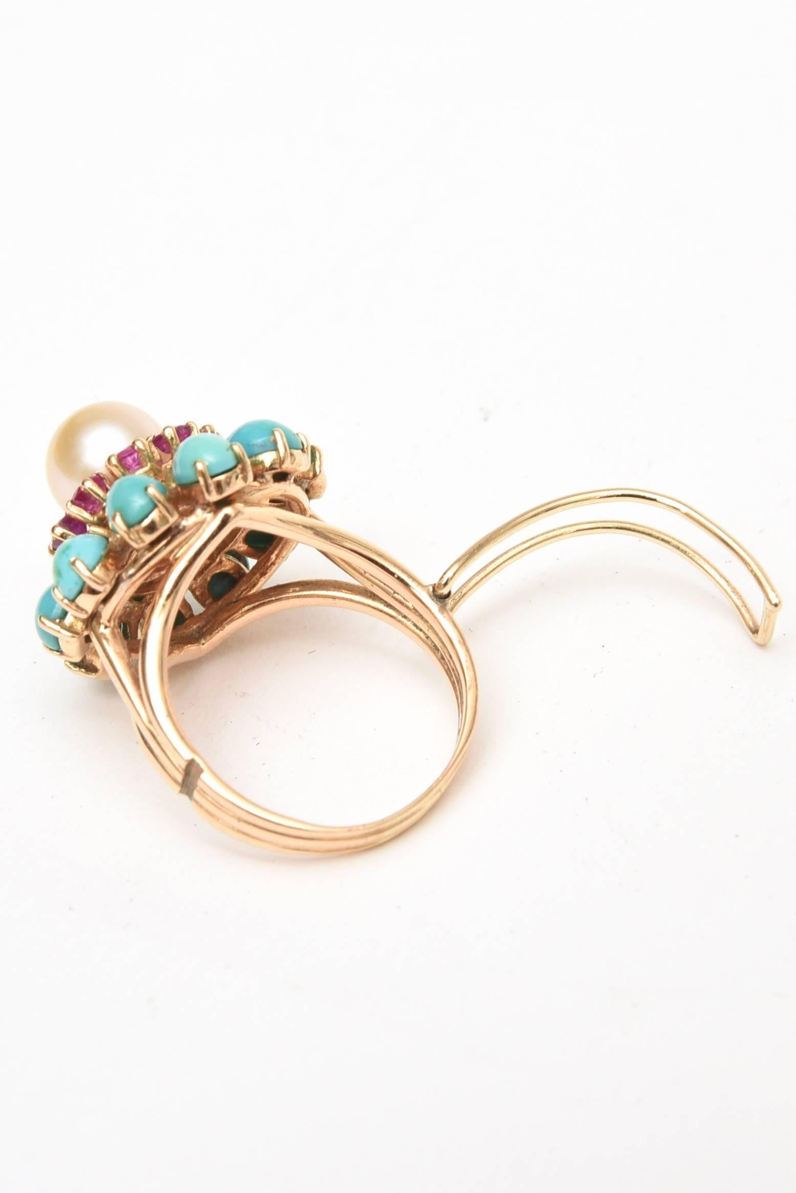 Ball Cut Ruby, Pearl, Turquoise and 14 Karat Yellow Gold Dome Cocktail Ring Vintage