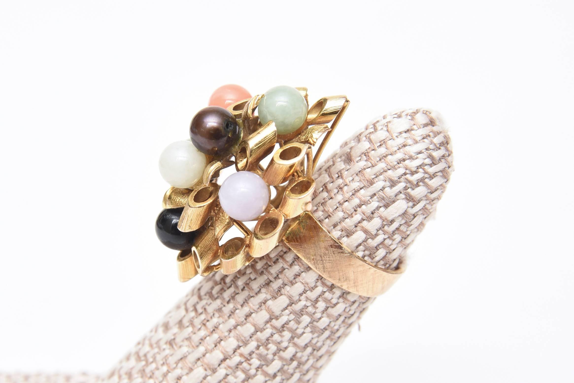 Women's 14 Karat Gold, Jade, Amethyst, Coral, Black and White Onyx Cluster Dome Ring For Sale