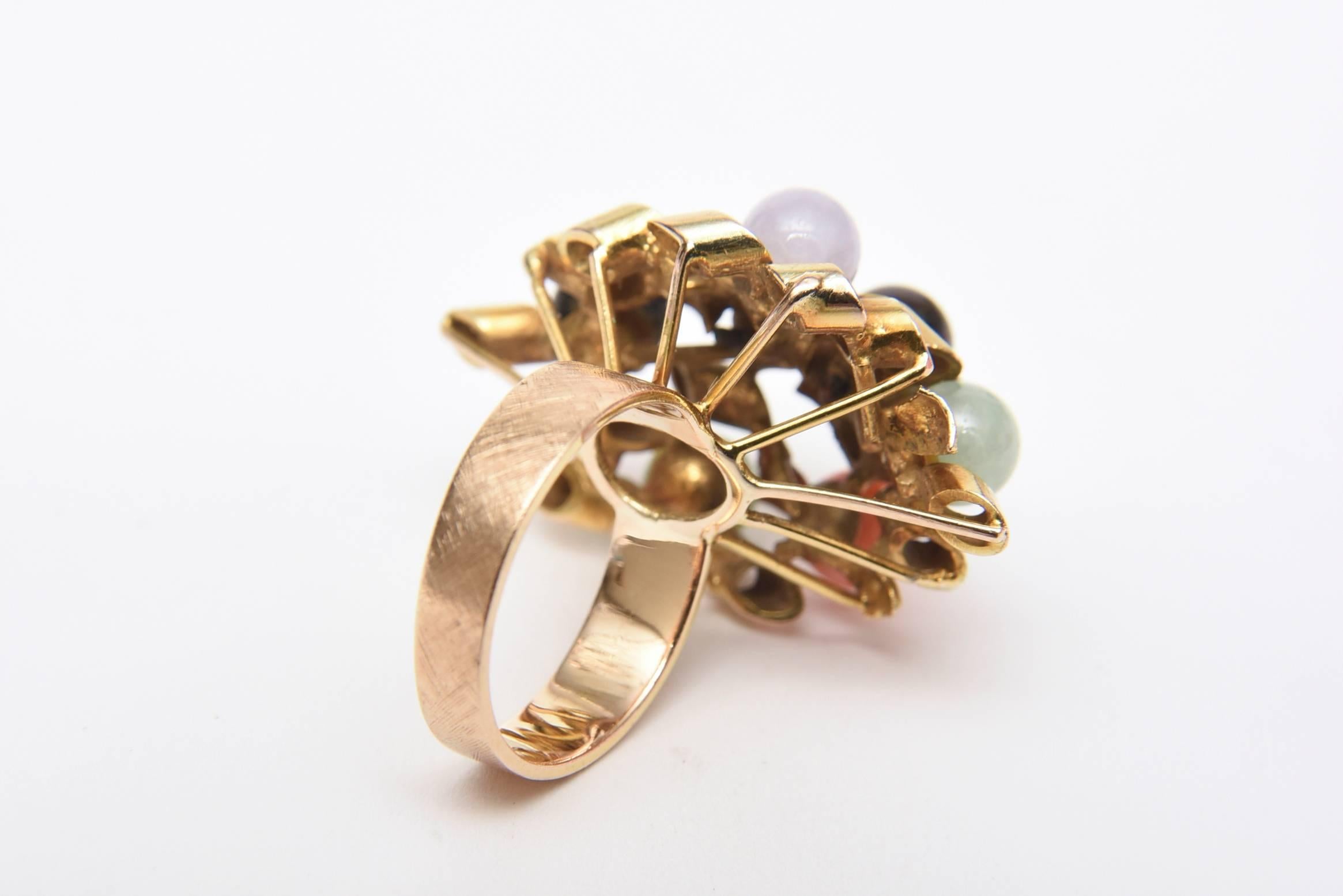Ball Cut 14 Karat Gold, Jade, Amethyst, Coral, Black and White Onyx Cluster Dome Ring For Sale