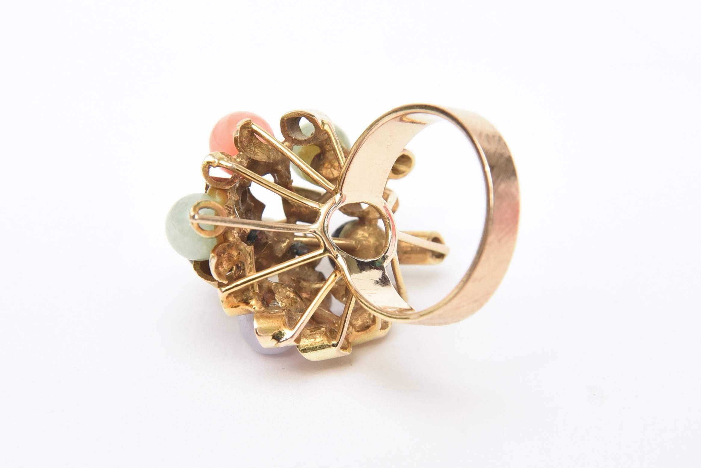 Modern 14 Karat Gold, Jade, Amethyst, Coral, Black & White Onyx Cluster Dome Ring For Sale