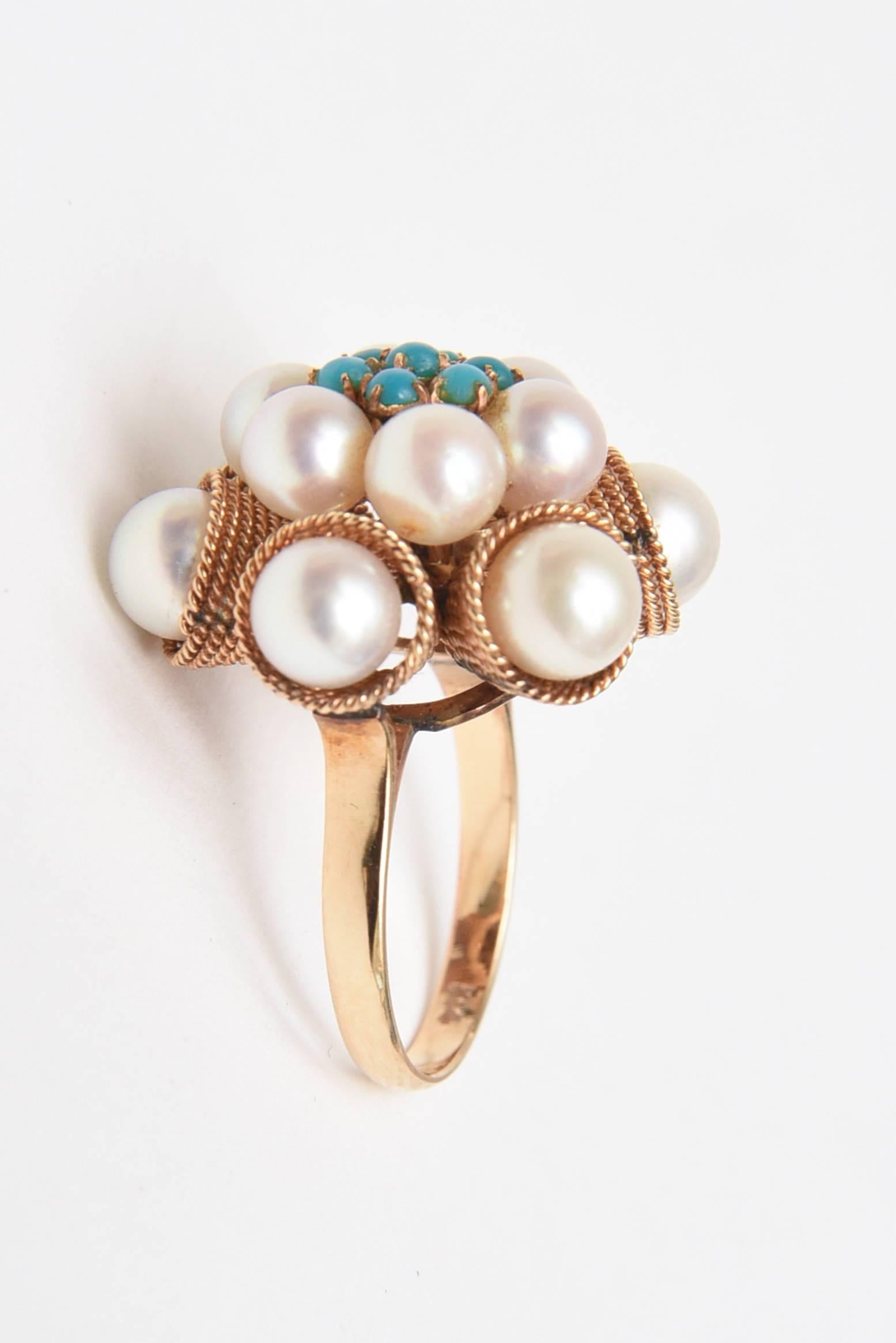 Cultured Pearl, Turquoise & 14K Yellow Gold Dome Cocktail Ring 1