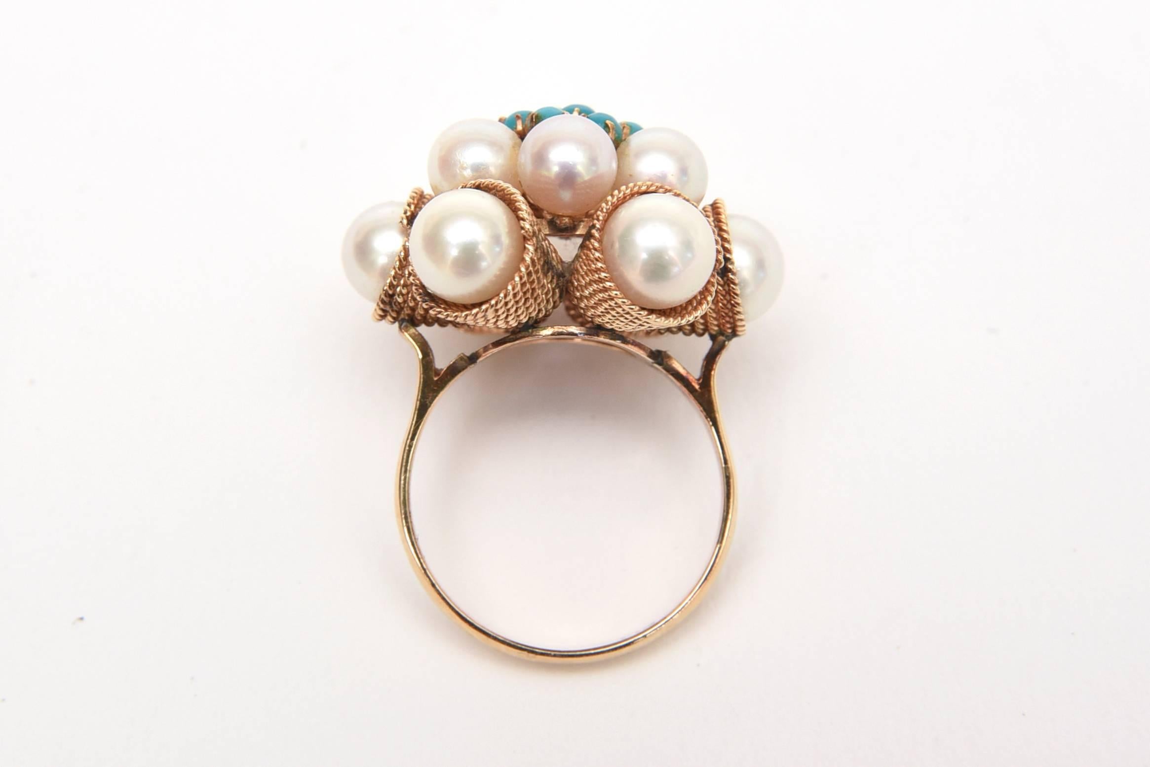 Women's Cultured Pearl, Turquoise & 14K Yellow Gold Dome Cocktail Ring