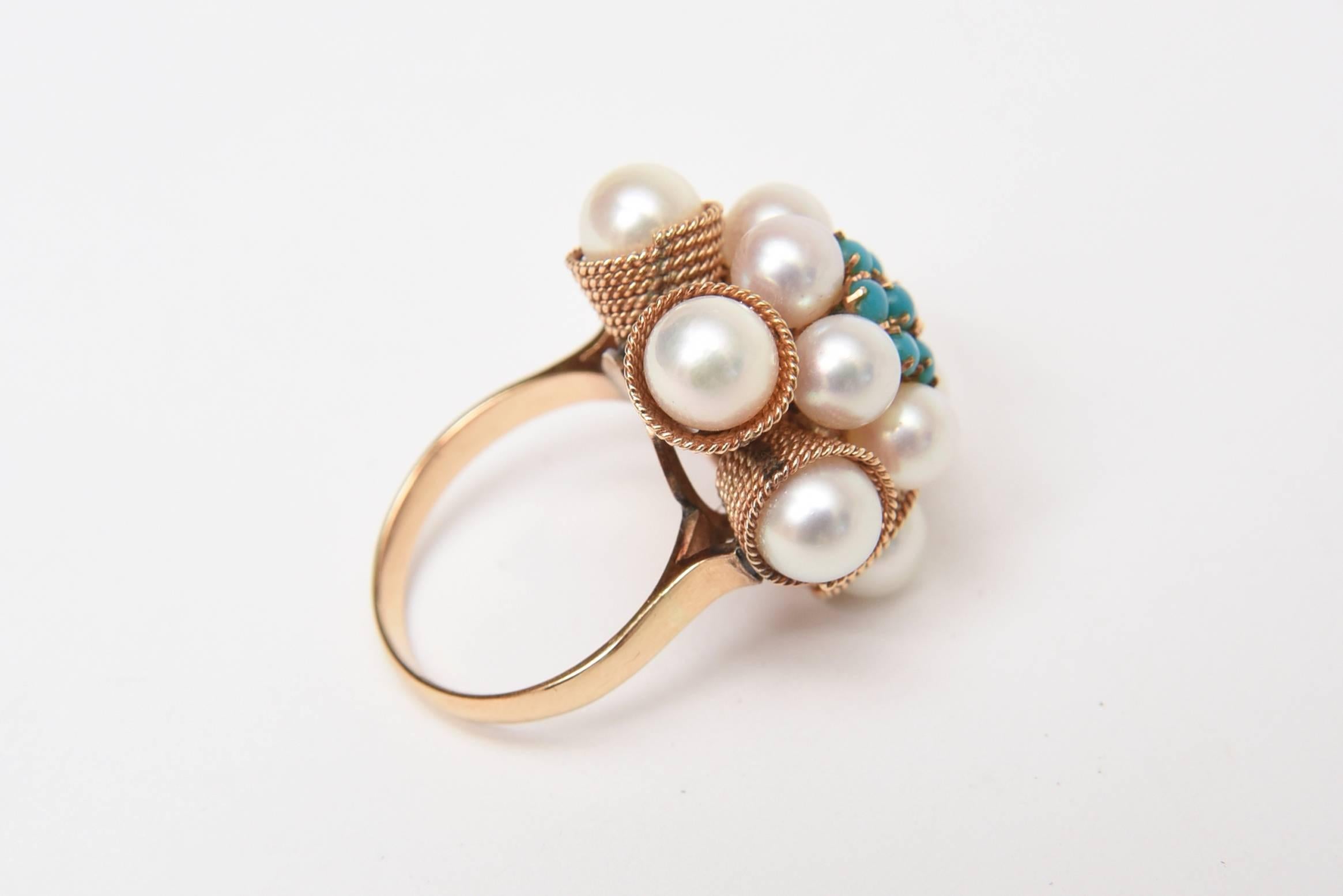 Cultured Pearl, Turquoise & 14K Yellow Gold Dome Cocktail Ring In Excellent Condition In North Miami, FL