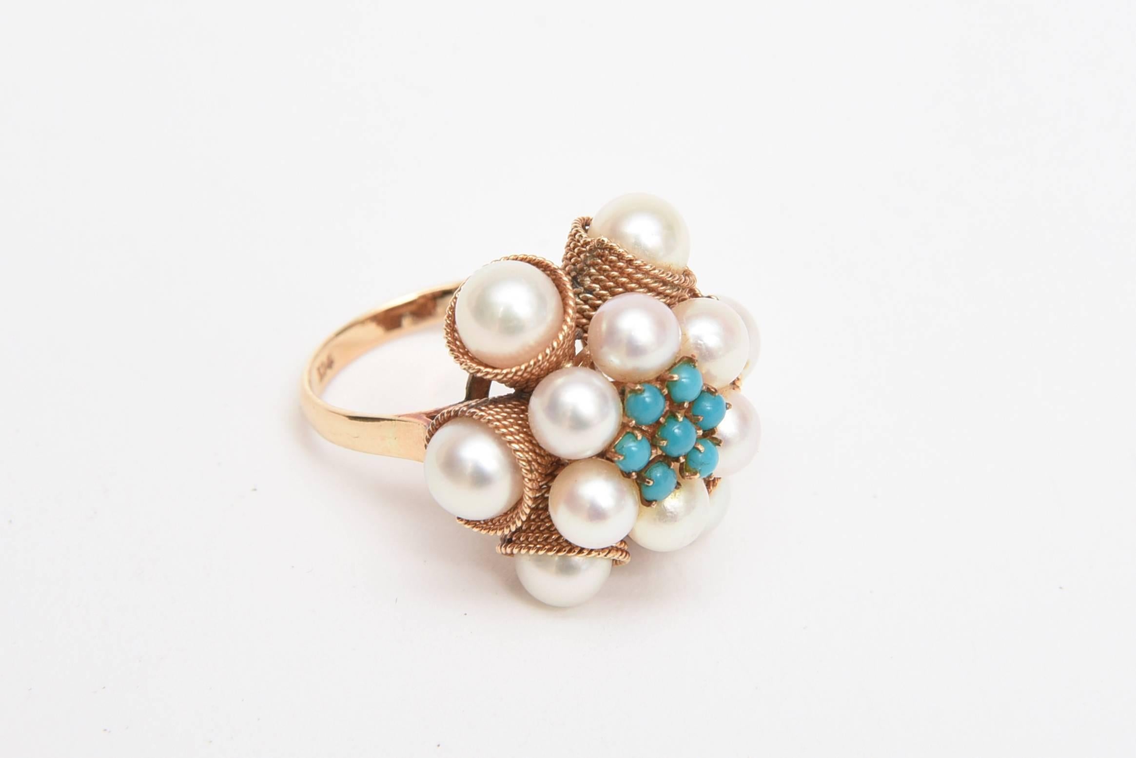 Modern Cultured Pearl, Turquoise & 14K Yellow Gold Dome Cocktail Ring