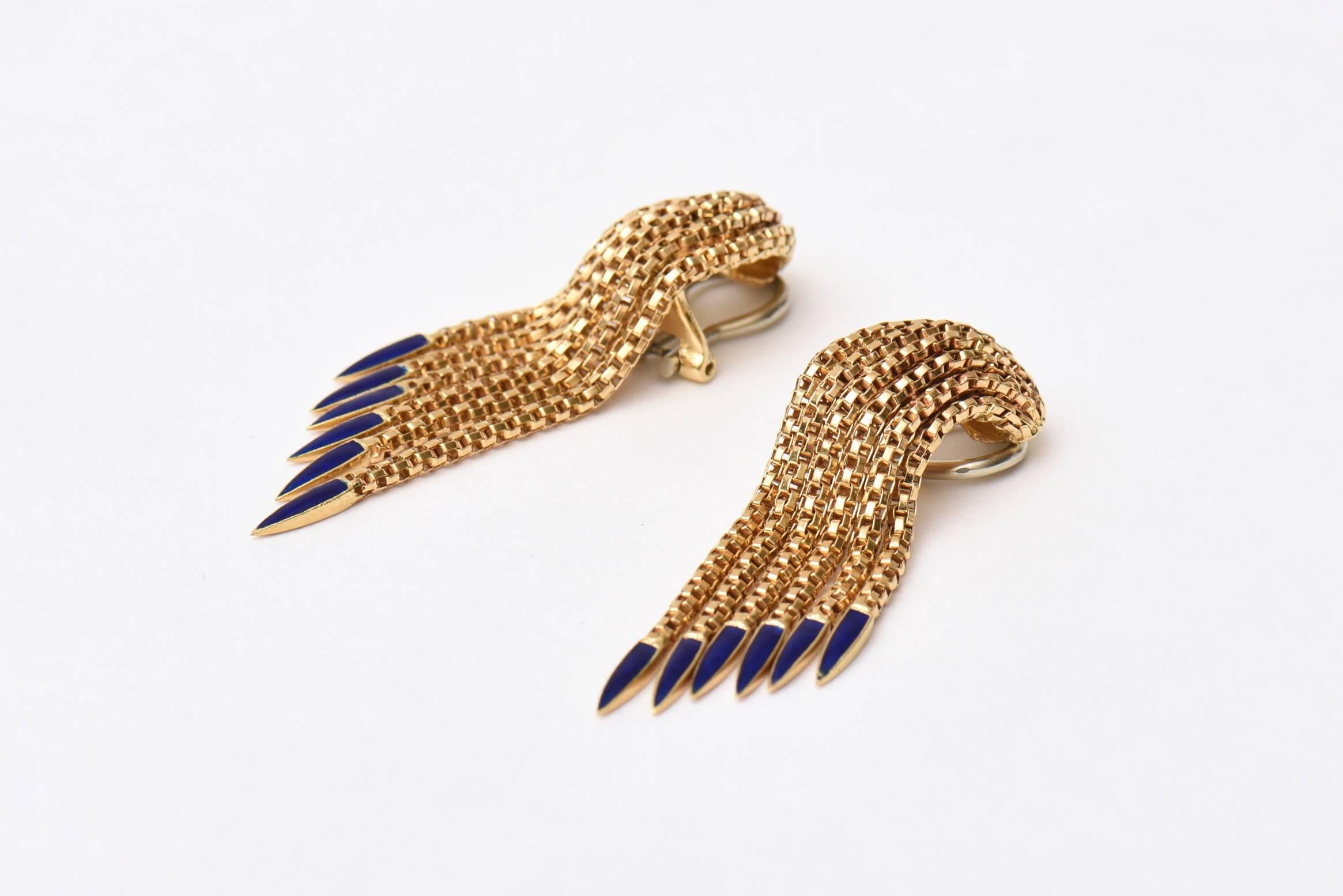 Modern Italian Enamel Gold Cascading Clip On Earrings