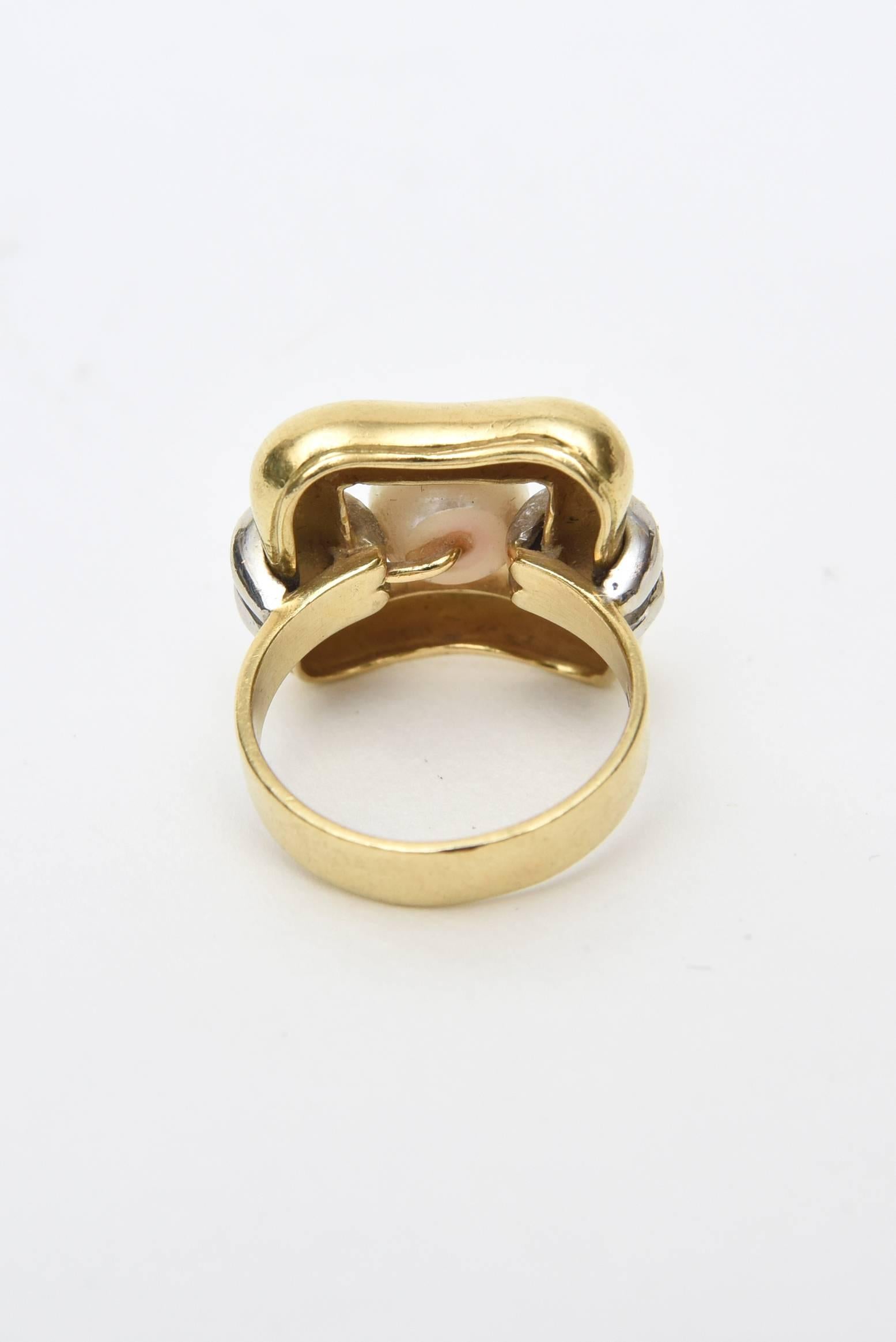 Italian Modernist Pearl Diamond Gold Ring 2