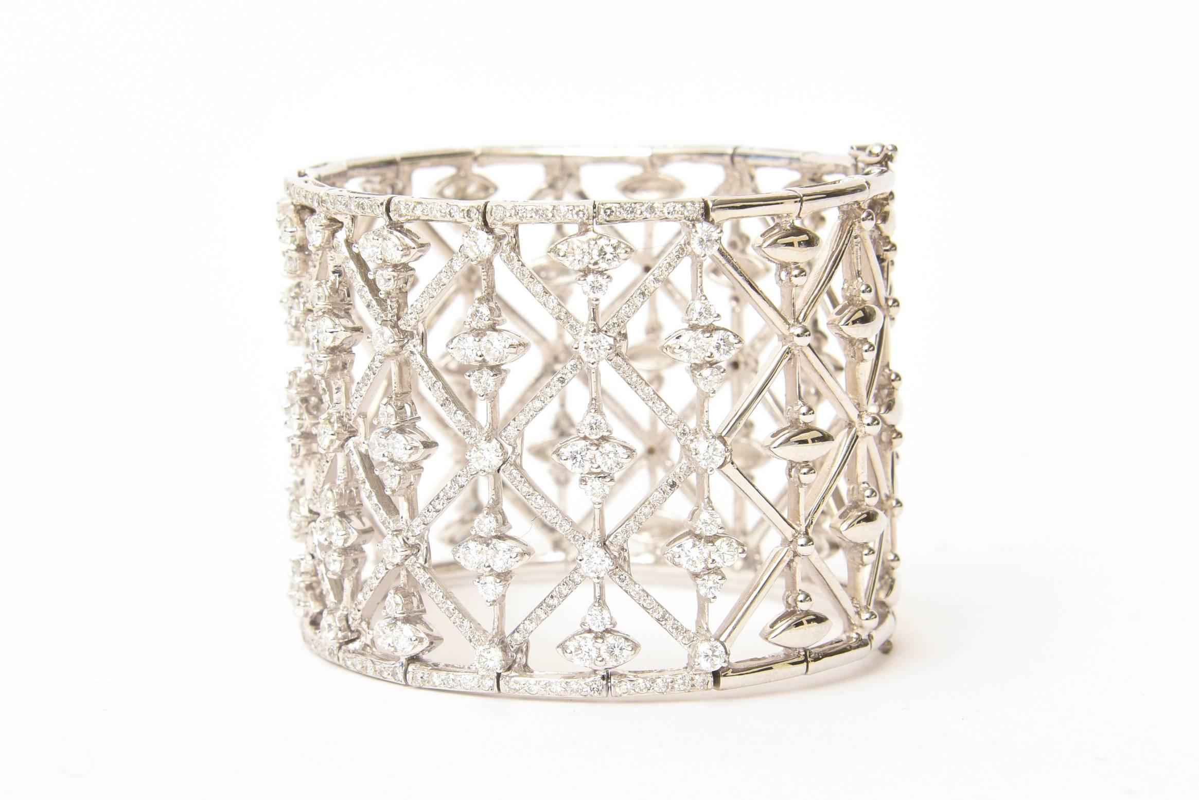 Modern Italian Geometric Design 18K White Gold Diamond Wide Cuff Bracelet