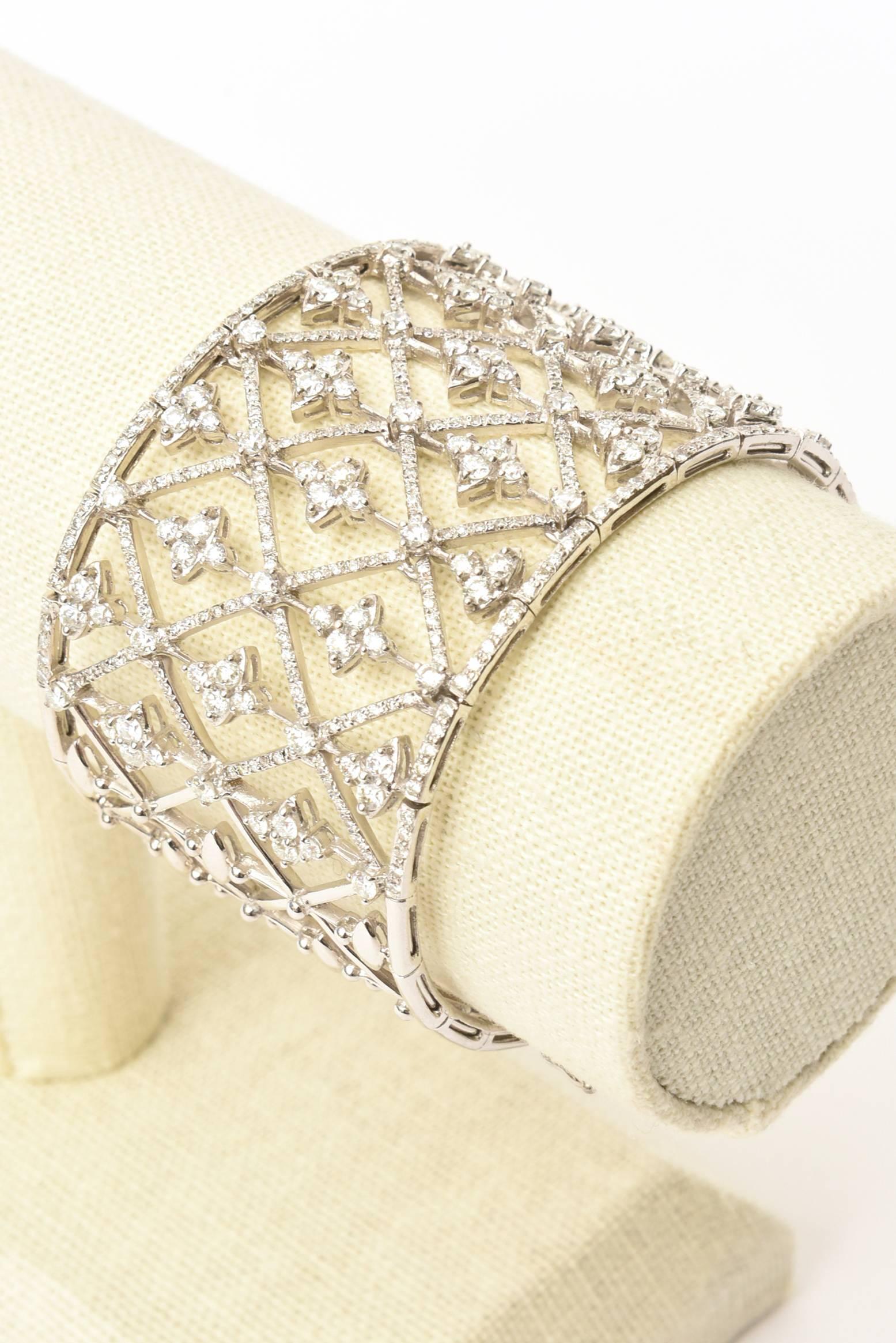 Italian Geometric Design 18K White Gold Diamond Wide Cuff Bracelet 1