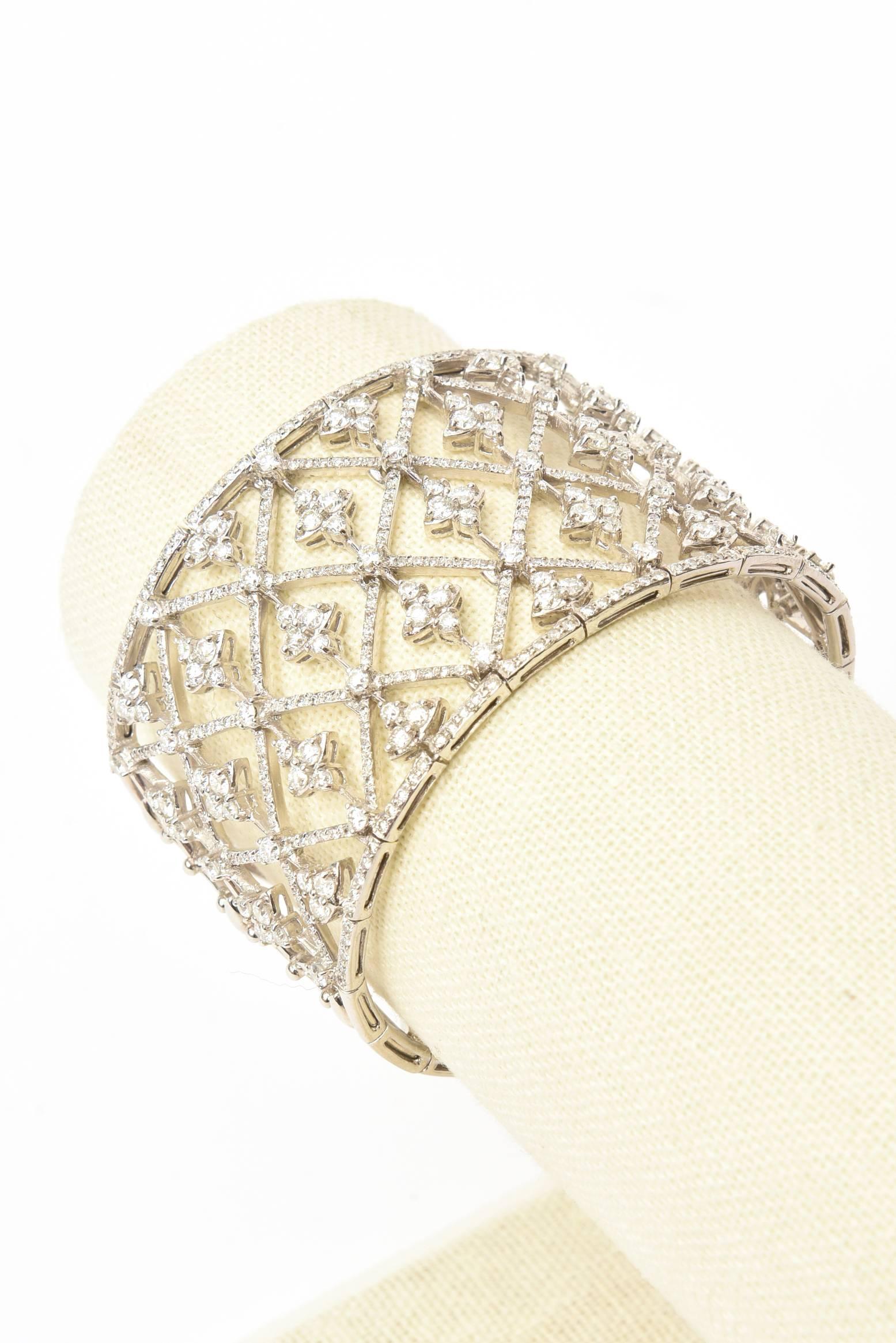 Italian Geometric Design 18K White Gold Diamond Wide Cuff Bracelet 2