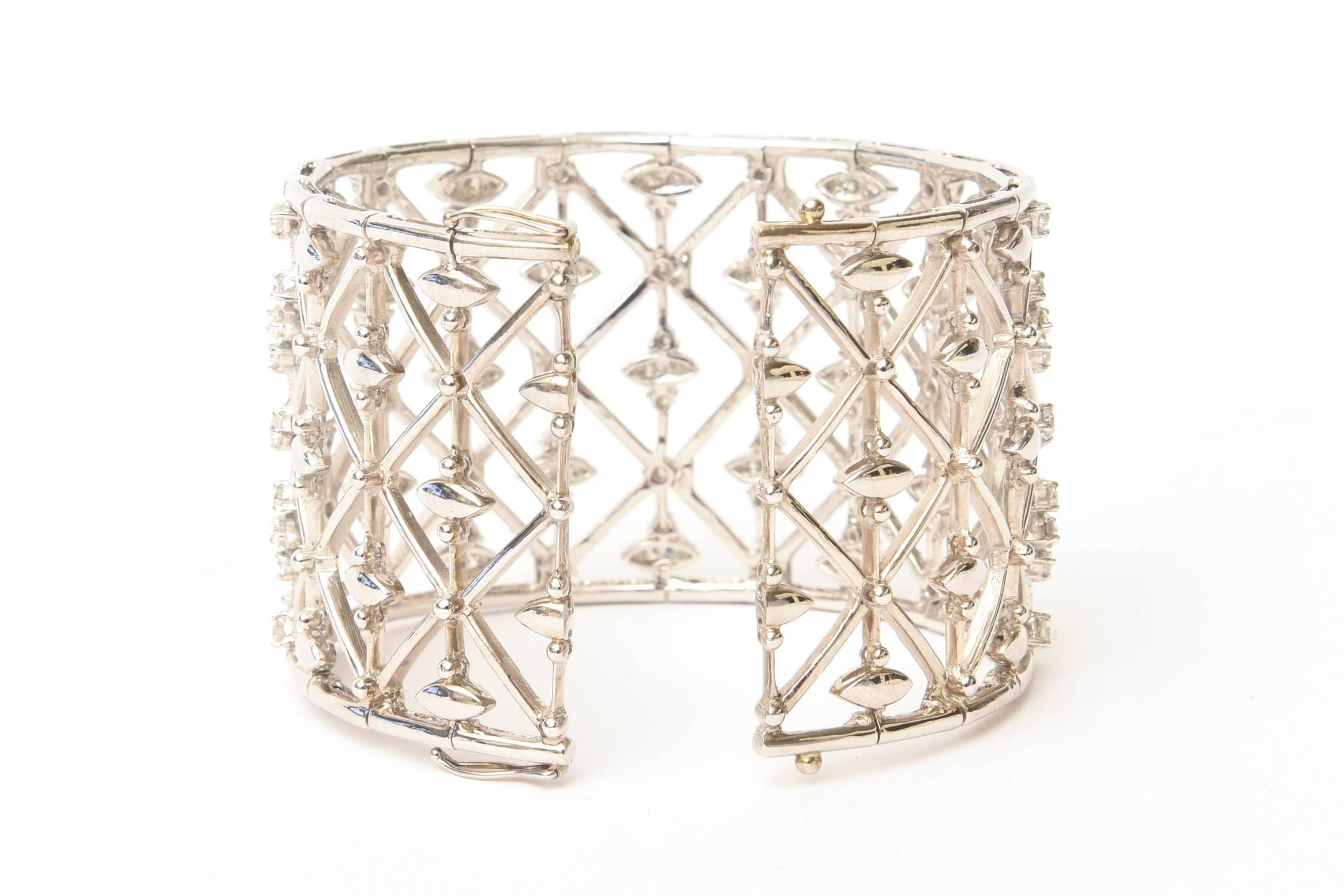 Women's Italian Geometric Design 18K White Gold Diamond Wide Cuff Bracelet