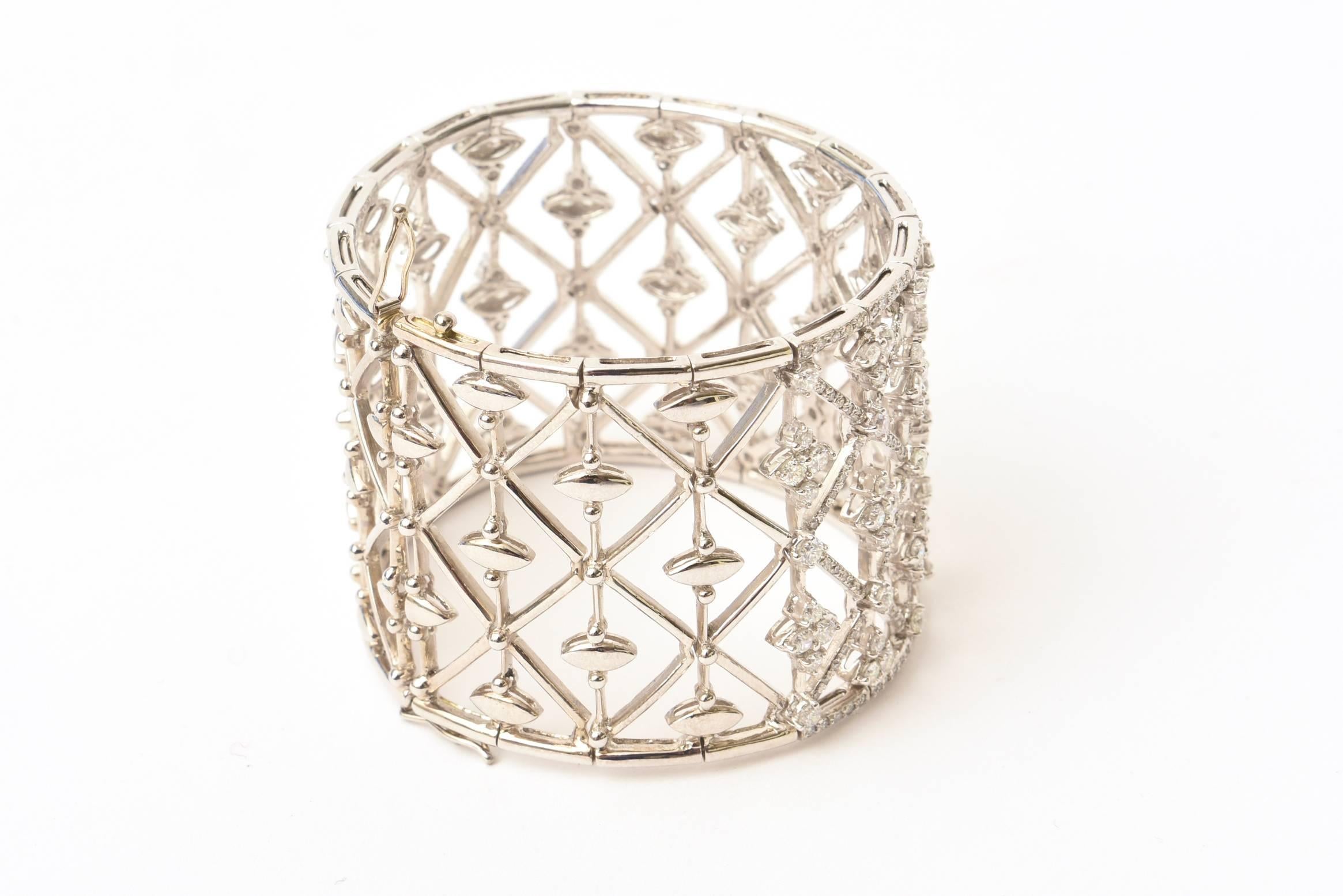 Italian Geometric Design 18K White Gold Diamond Wide Cuff Bracelet 3