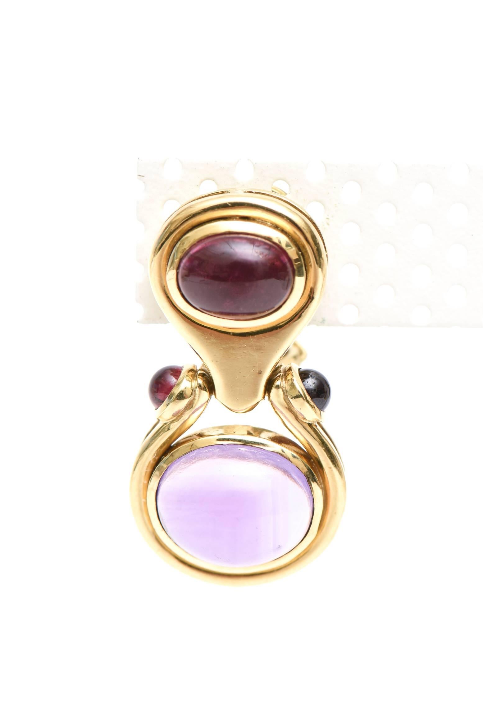 Modern Pair of Cabochon Amethyst &18K Yellow Gold Pierced Lever Back Earrings