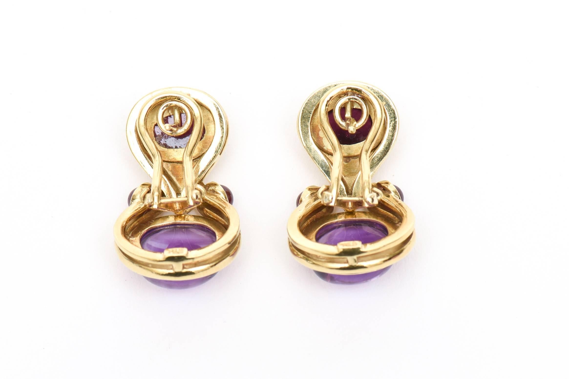 Pair of Cabochon Amethyst &18K Yellow Gold Pierced Lever Back Earrings 1