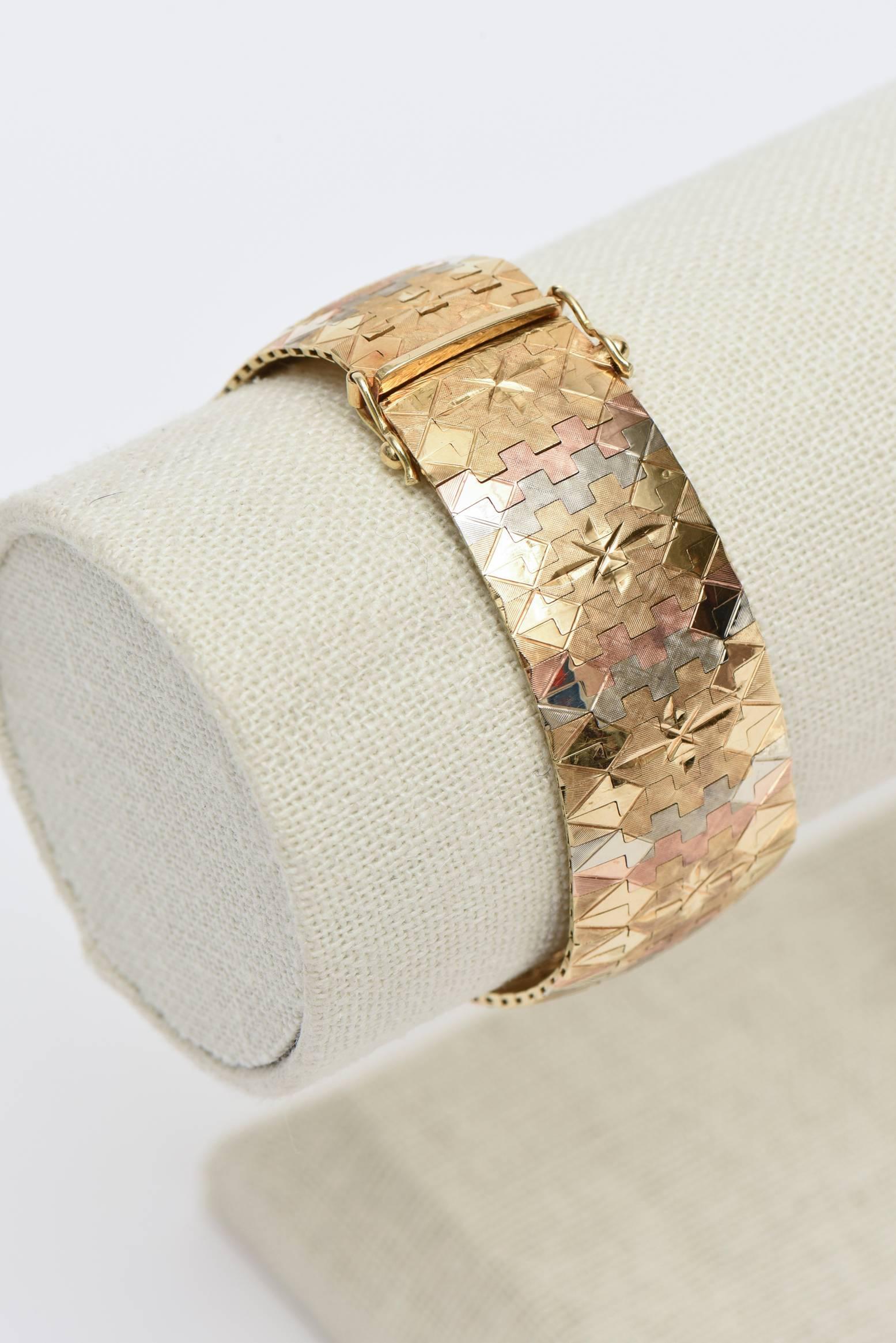 Tri-Color Vintage Signed 18 Karat Gold Diamond Patterned Cuff Bracelet For Sale 2