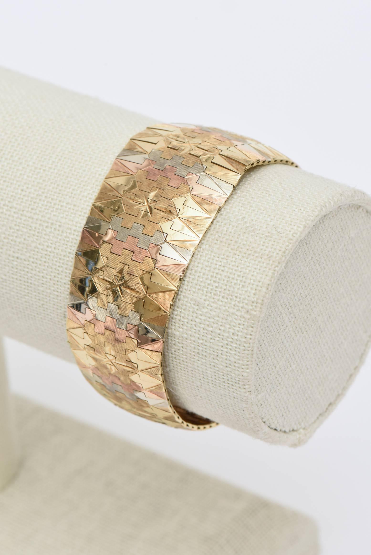 Women's Tri-Color Vintage Signed 18 Karat Gold Diamond Patterned Cuff Bracelet For Sale