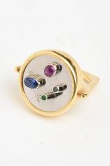 Modernist Sapphire, Ruby, Emerald and 18 Karat Yellow and White Gold Dome Ring