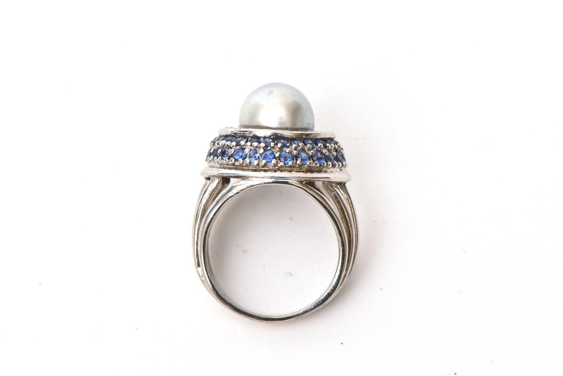 Round Cut Vintage !4 Karat Gold, Cultured Pearl, Diamond and Sapphire Dome Cocktail Ring  For Sale