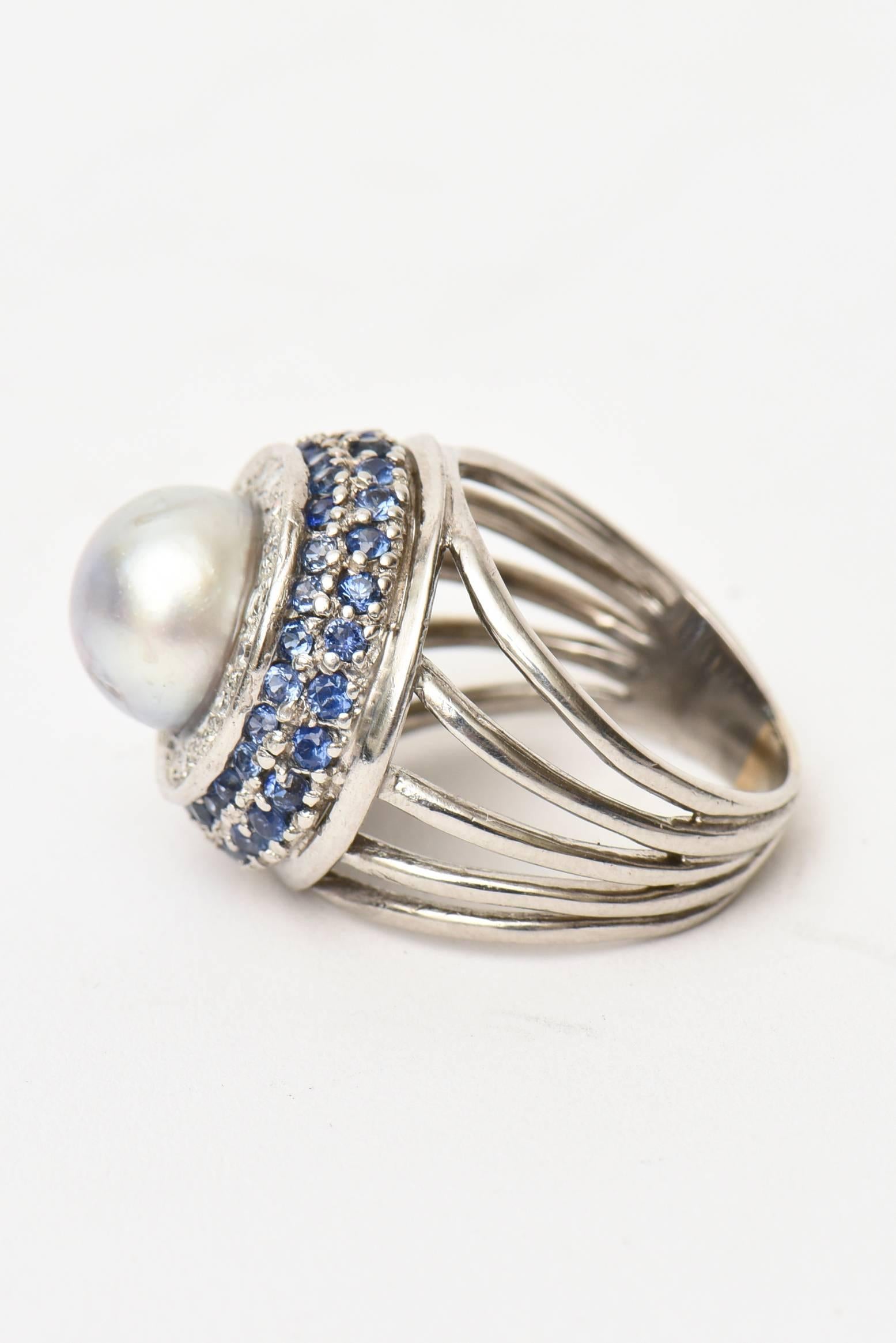 Vintage !4 Karat Gold, Cultured Pearl, Diamond and Sapphire Dome Cocktail Ring In Good Condition For Sale In North Miami, FL