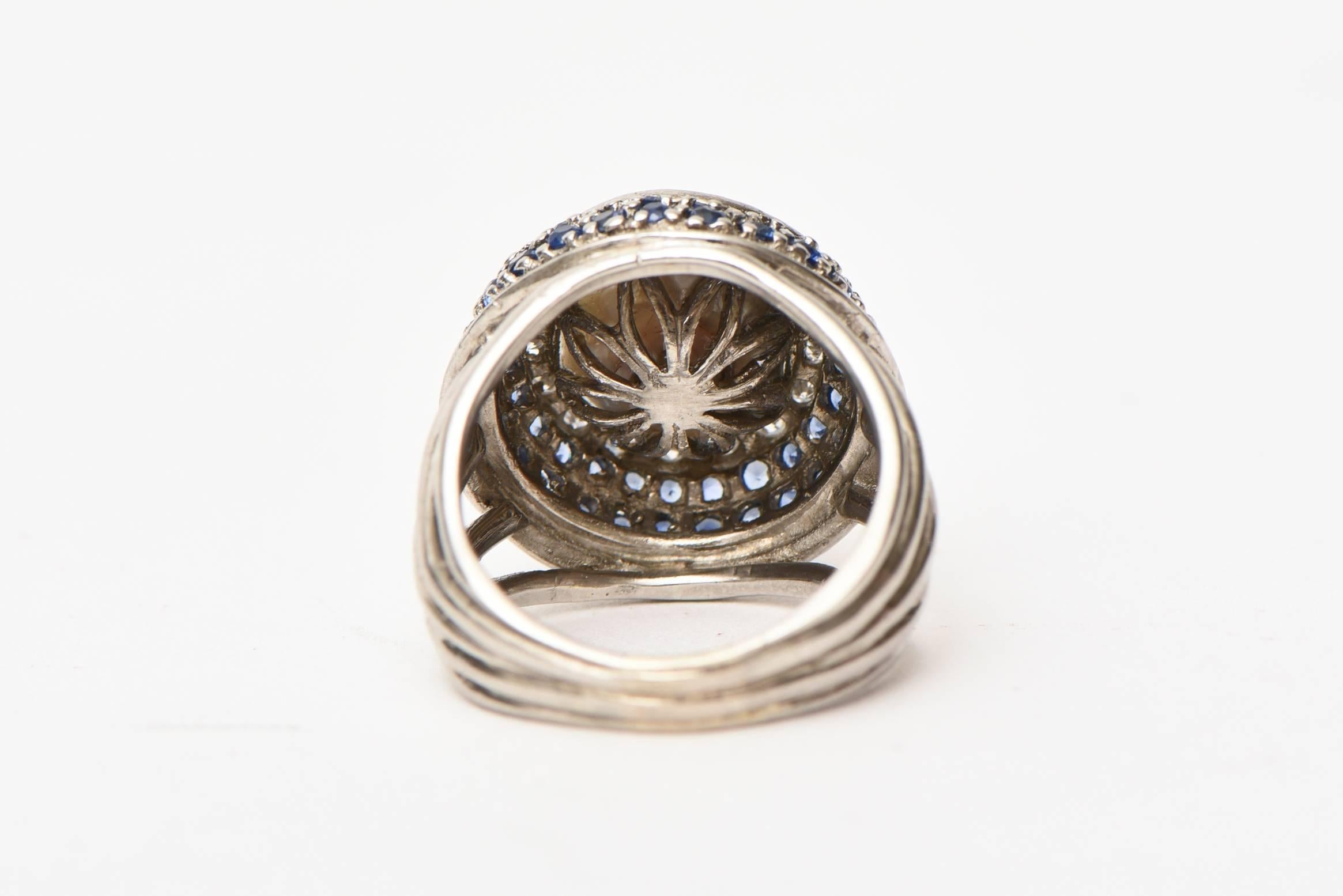 Women's Vintage !4 Karat Gold, Cultured Pearl, Diamond and Sapphire Dome Cocktail Ring For Sale