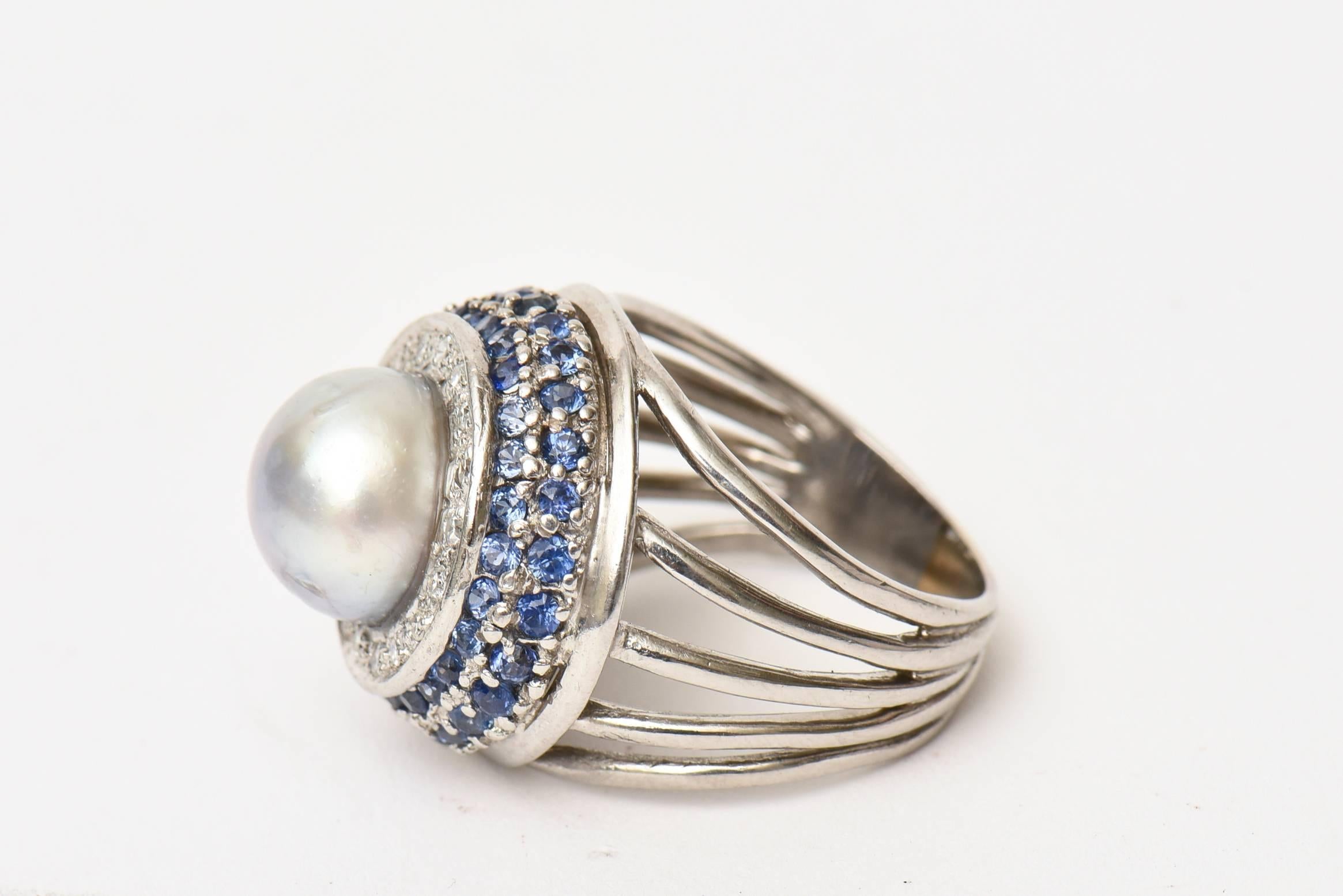 Modern Vintage !4 Karat Gold, Cultured Pearl, Diamond and Sapphire Dome Cocktail Ring For Sale