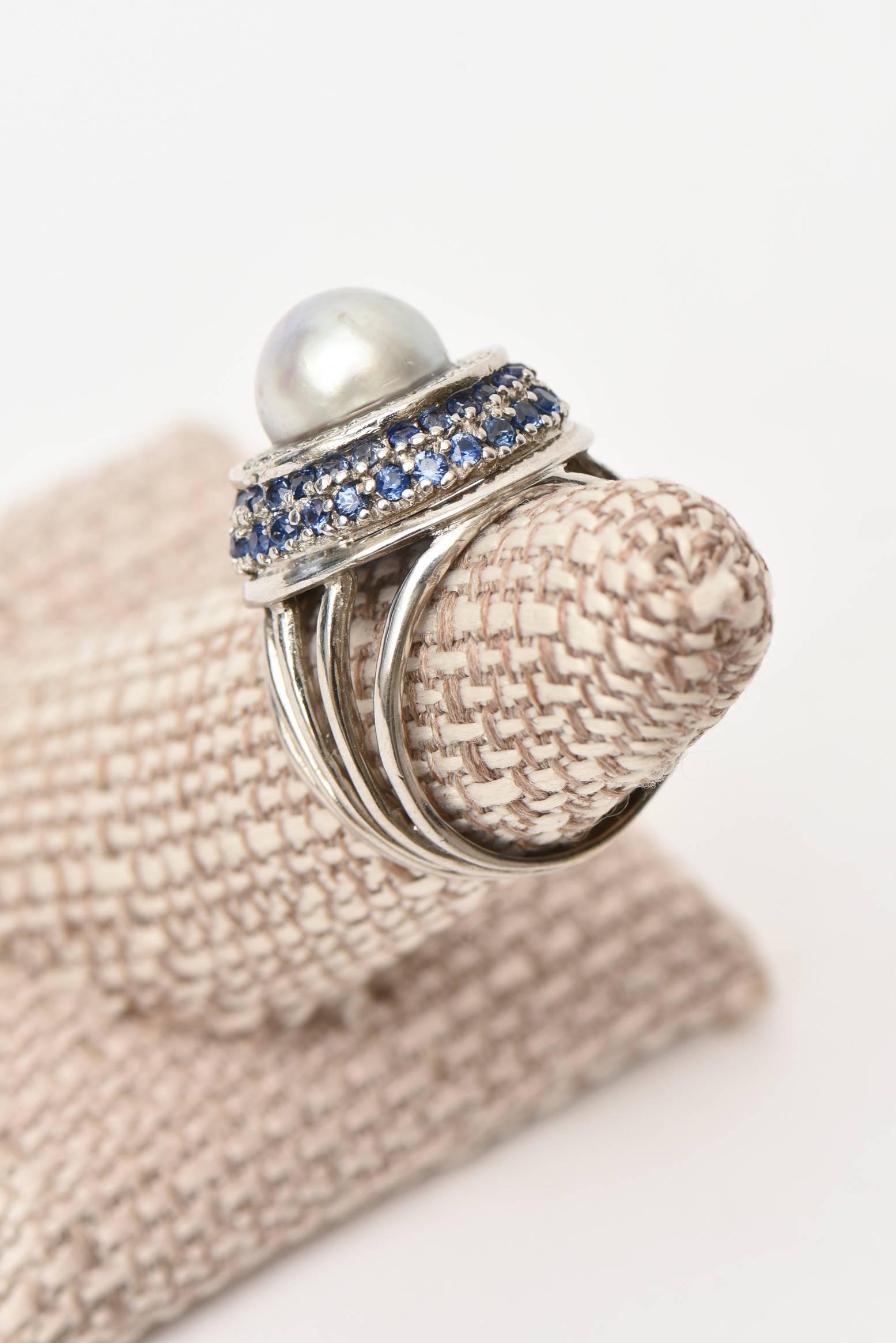 Vintage !4 Karat Gold, Cultured Pearl, Diamond and Sapphire Dome Cocktail Ring  For Sale 2