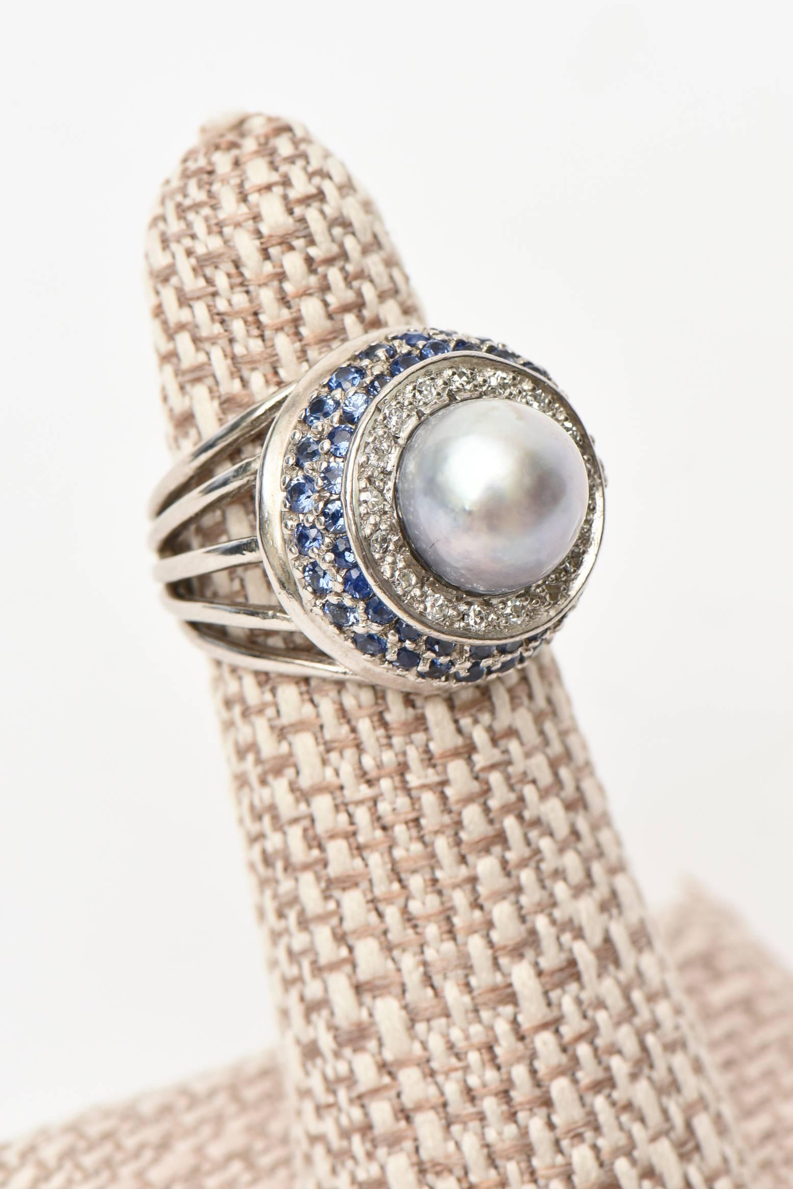 Vintage !4 Karat Gold, Cultured Pearl, Diamond and Sapphire Dome Cocktail Ring  For Sale 1