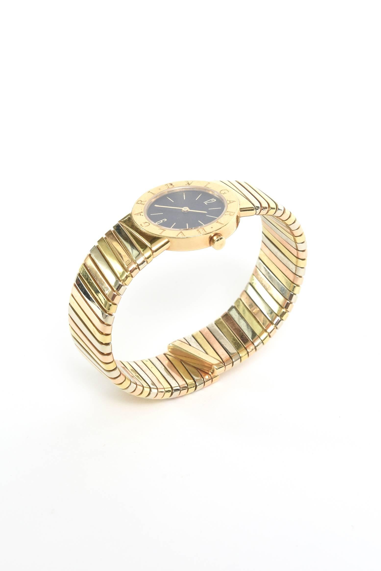 Bulgari Ladies Tri-Color Gold Tubogas Wristwatch In Good Condition In North Miami, FL