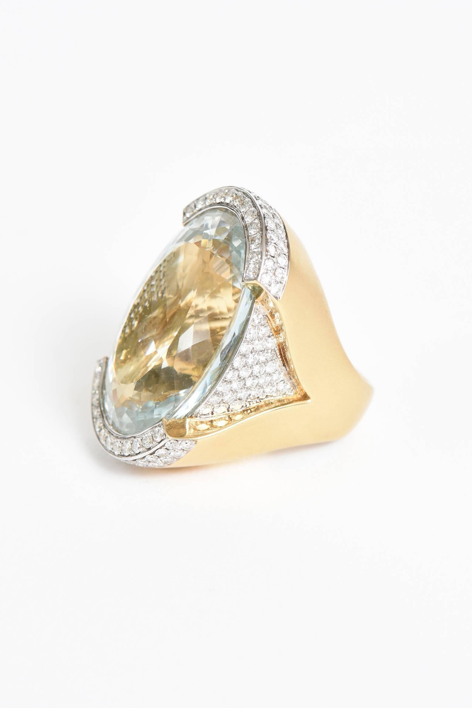 Custom Large Aquamarine and Diamond & 18 Karat Gold Cocktail Ring / SALE In Good Condition For Sale In North Miami, FL