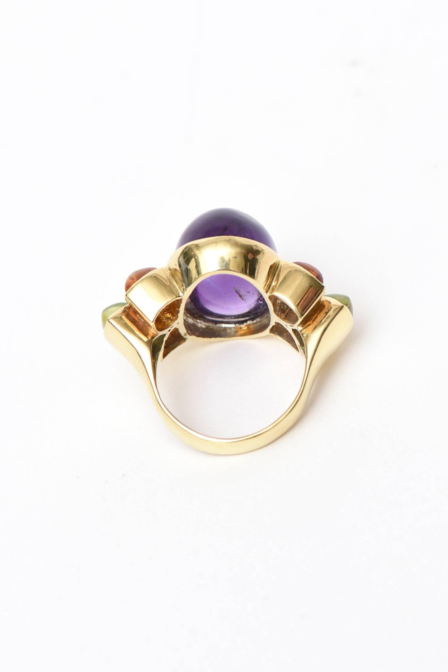 Modern 14 Karat Yellow Gold, Amethyst, Citrine and Peridot Cocktail Ring Vintage For Sale