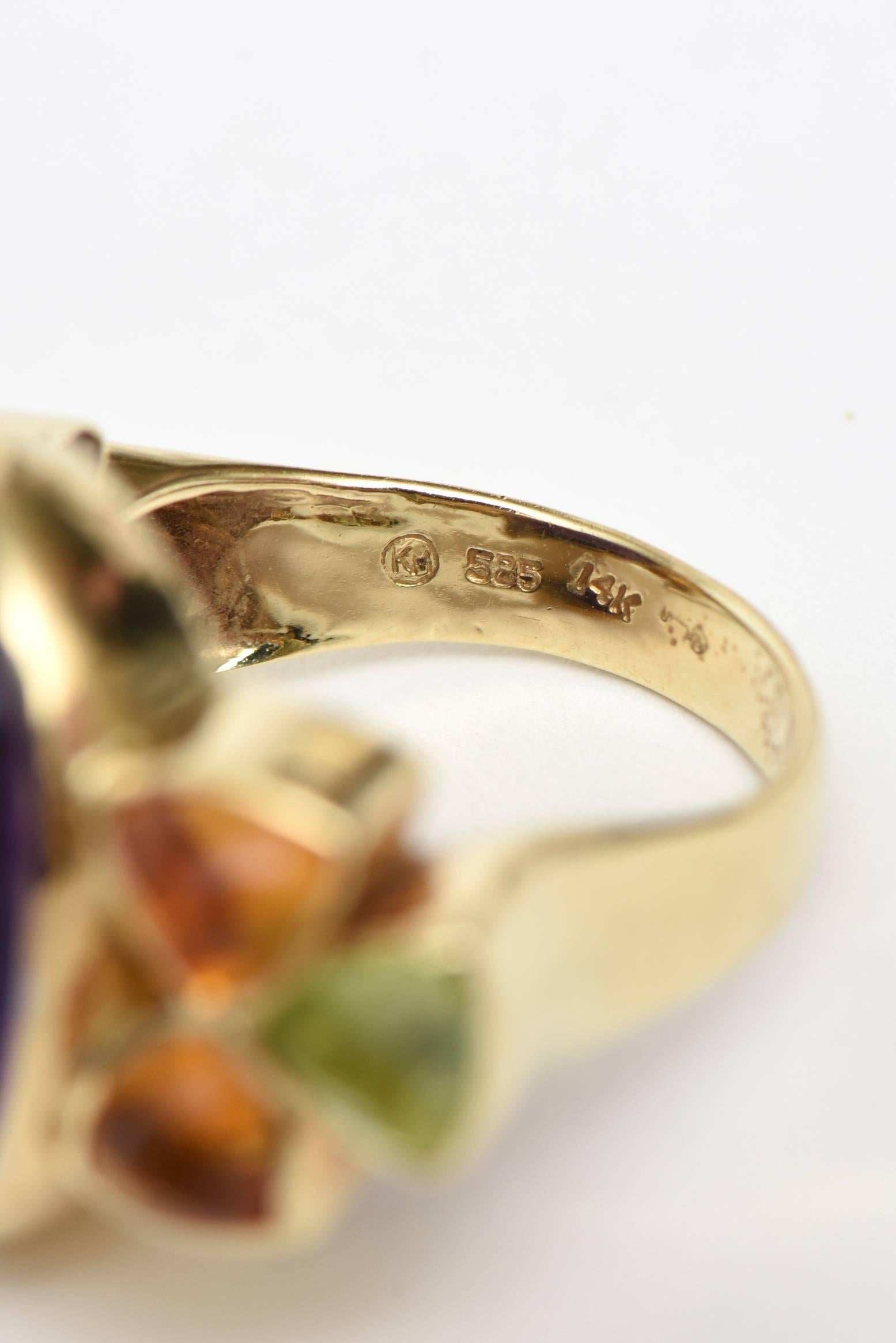 Baguette Cut 14 Karat Yellow Gold, Amethyst, Citrine and Peridot Cocktail Ring Vintage For Sale