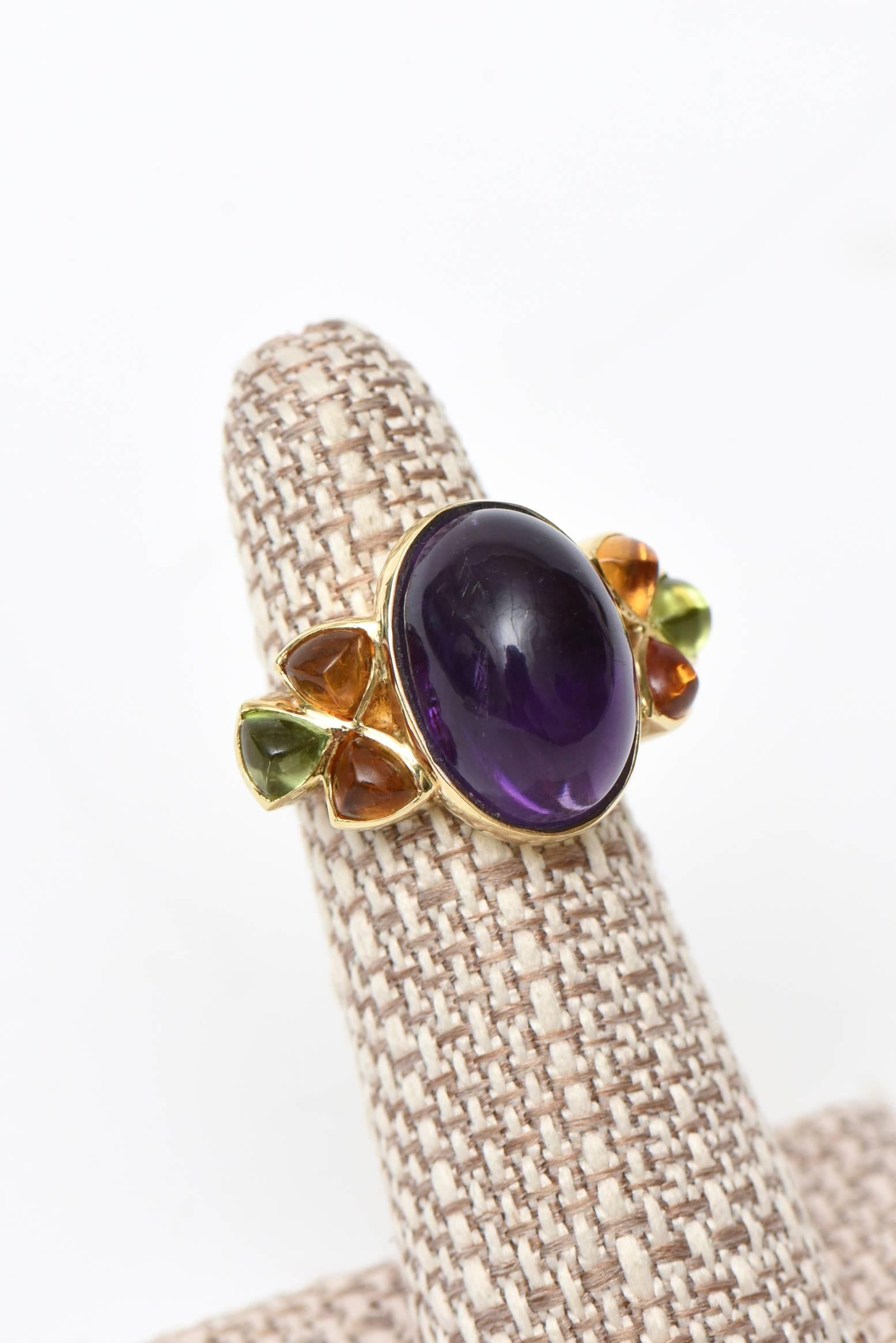 14 Karat Yellow Gold, Amethyst, Citrine and Peridot Cocktail Ring Vintage In Good Condition For Sale In North Miami, FL