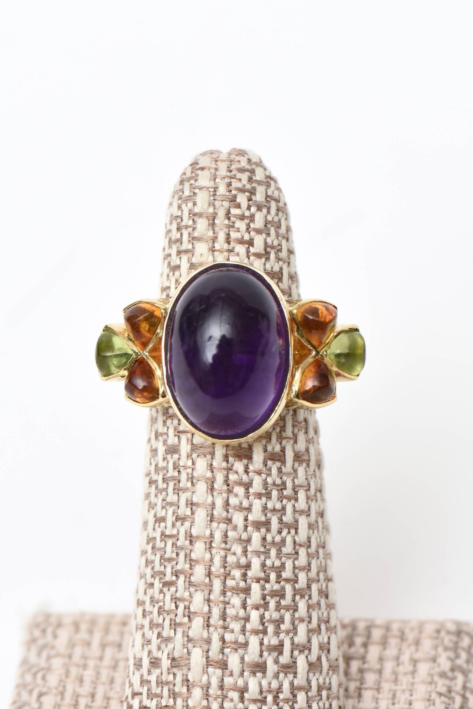 Women's 14 Karat Yellow Gold, Amethyst, Citrine and Peridot Cocktail Ring Vintage For Sale