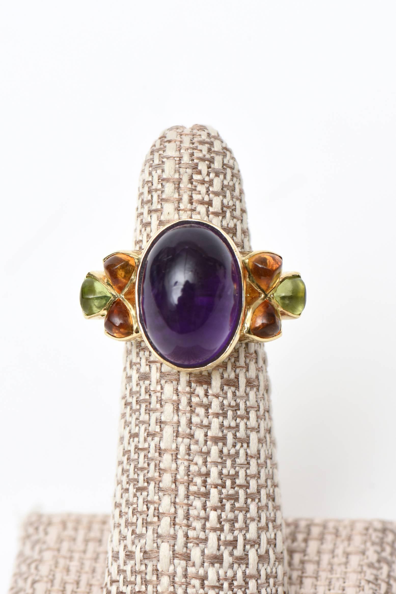 Anillo cóctel vintage de oro amarillo de 14 quilates, amatista, citrino y peridoto en venta 1