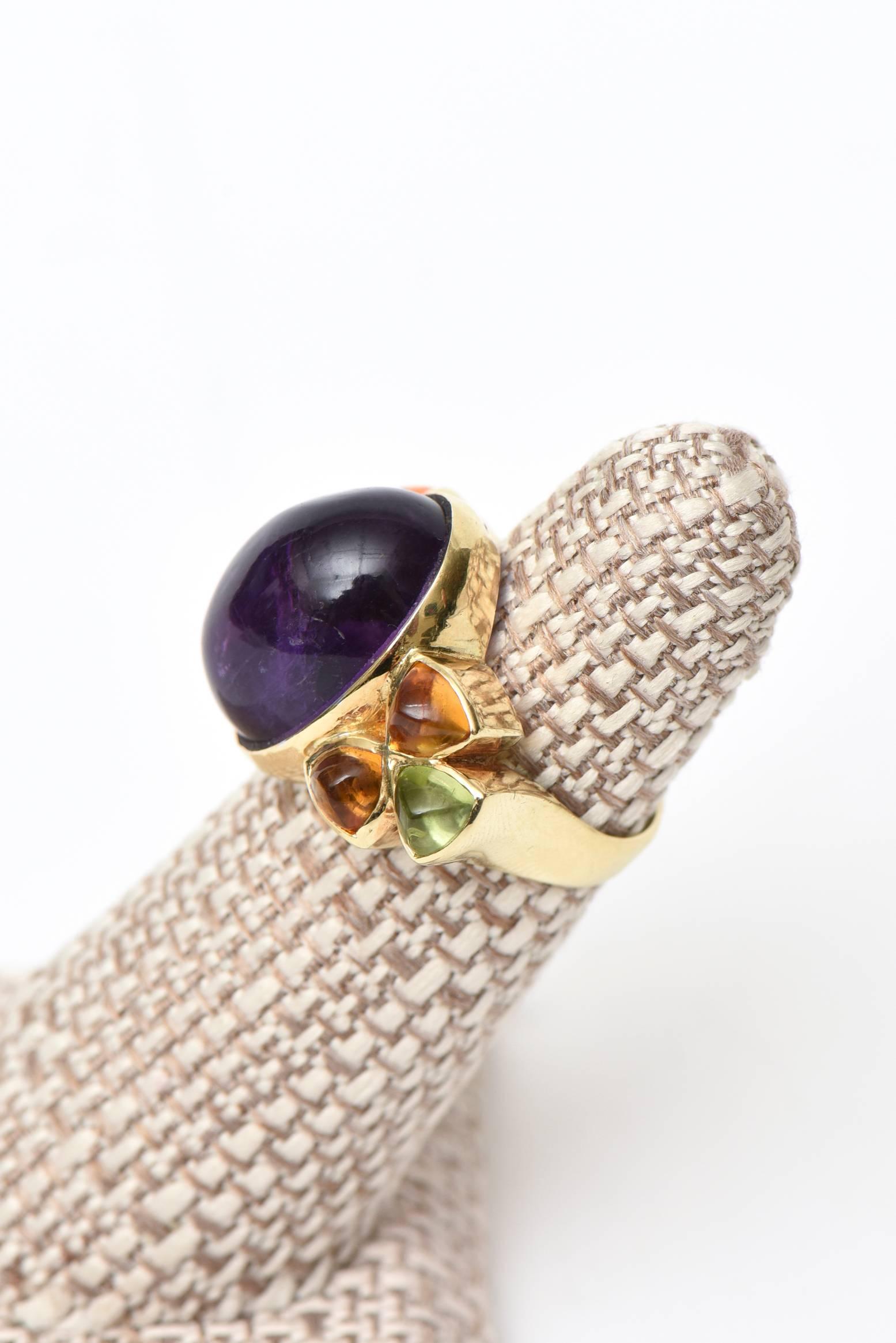 14 Karat Yellow Gold, Amethyst, Citrine and Peridot Cocktail Ring Vintage For Sale 1