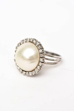 Vintage 1960's Mabe Pearl and Diamond Dome Cocktail Ring in 14K White Gold
