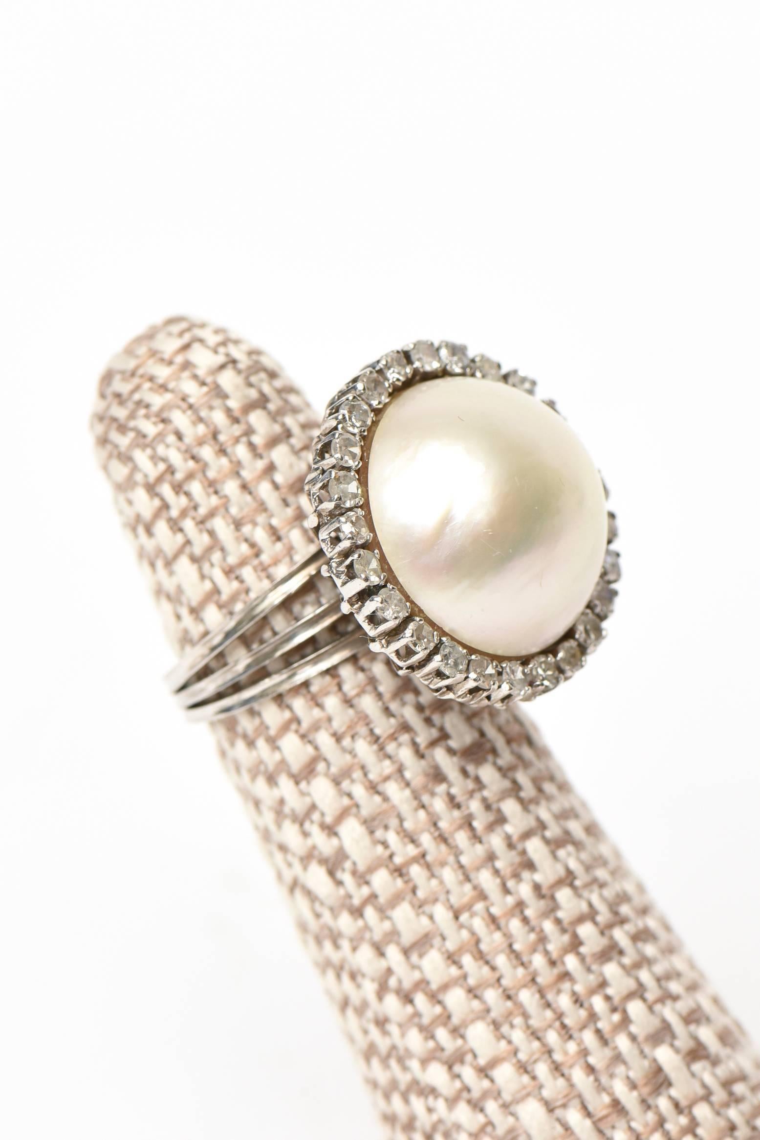 Ball Cut Vintage Mabe Pearl, 14 Karat White Gold and Diamond Dome Cocktail Ring For Sale