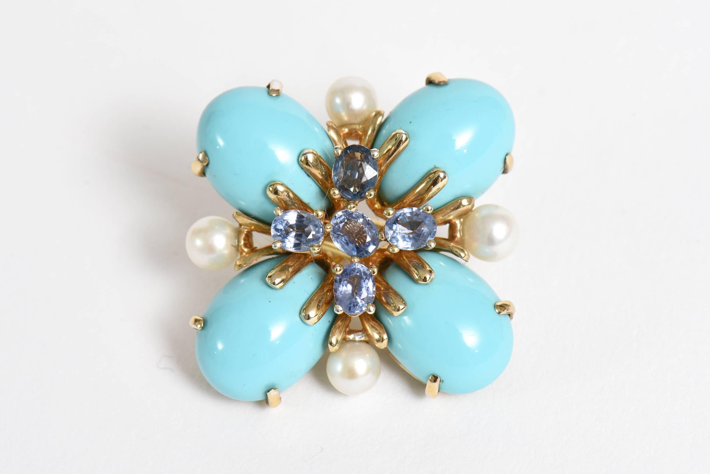 Modern Italian Custom Turquoise Pearl & Sapphire & 18K Gold Clip/Pierced Earrings