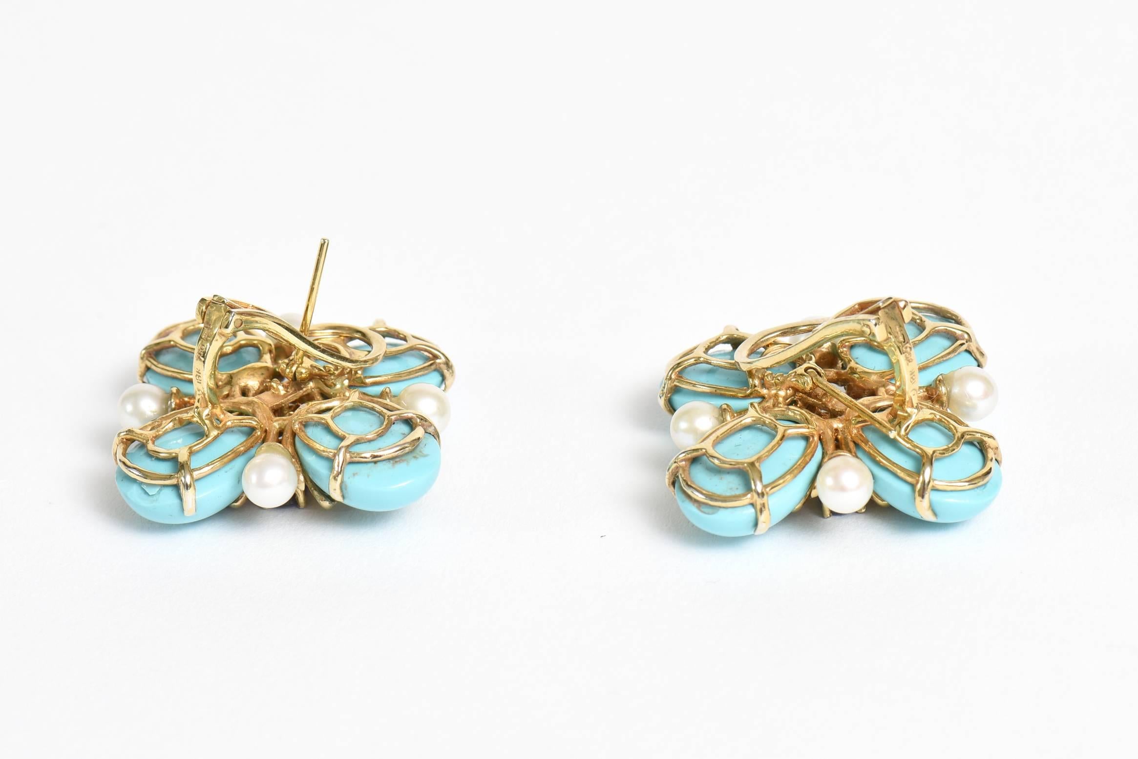 Italian Custom Turquoise Pearl & Sapphire & 18K Gold Clip/Pierced Earrings 2