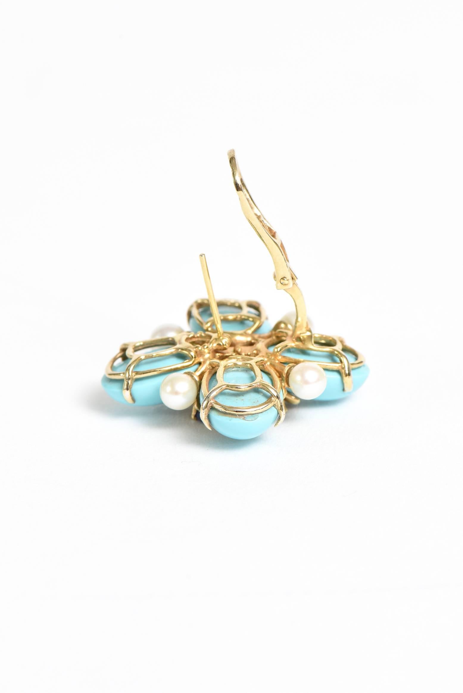 Italian Custom Turquoise Pearl & Sapphire & 18K Gold Clip/Pierced Earrings 3