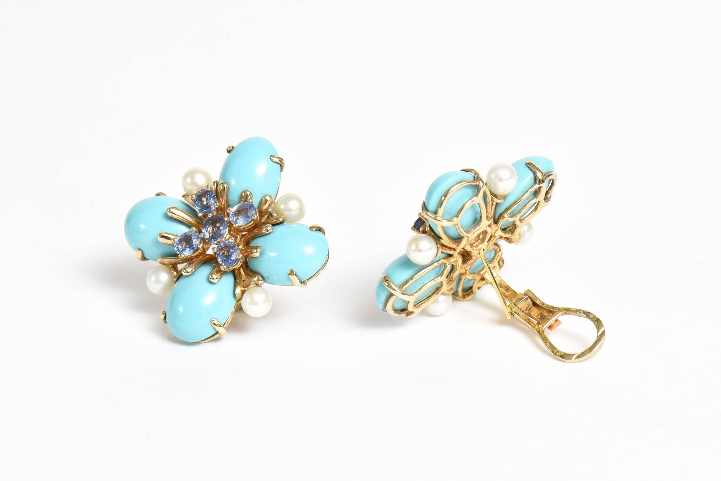 Italian Custom Turquoise Pearl & Sapphire & 18K Gold Clip/Pierced Earrings 1