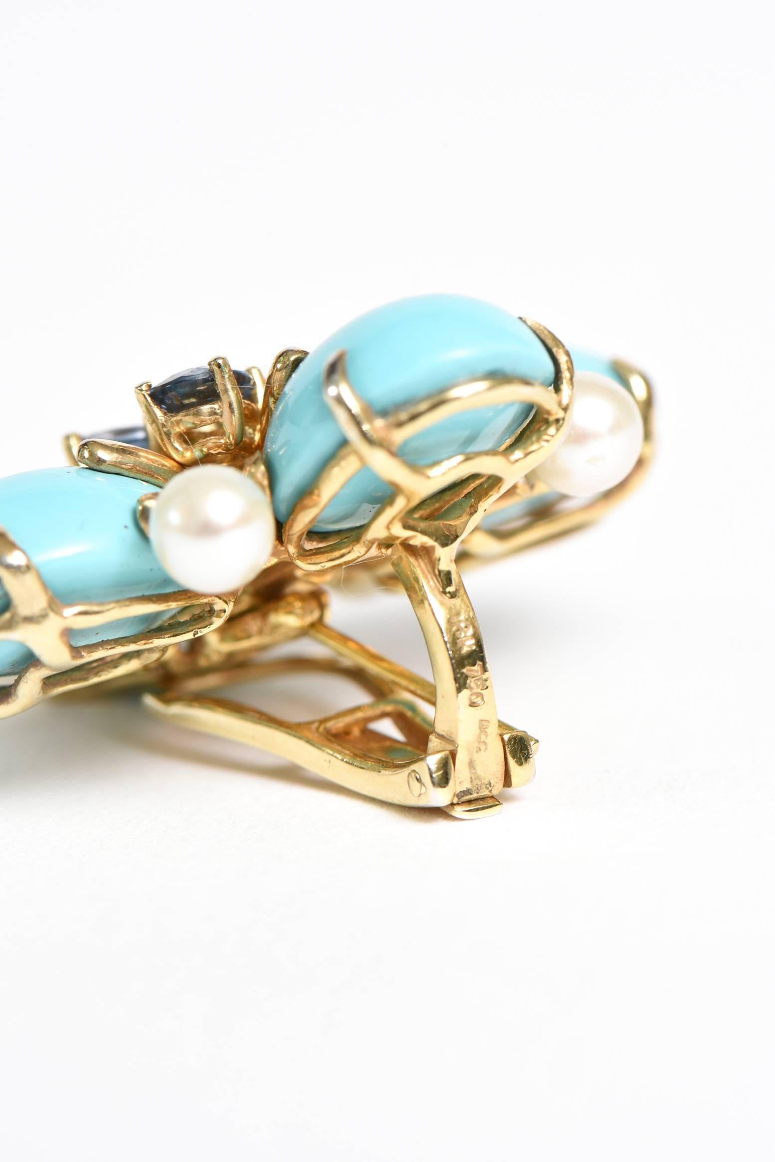 Women's Italian Custom Turquoise Pearl & Sapphire & 18K Gold Clip/Pierced Earrings