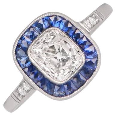 1.01ct Antique Cushion Cut Diamond Engagement Ring, Sapphire Halo, Platinum For Sale