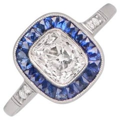 1.01ct Antique Cushion Cut Diamond Engagement Ring, Sapphire Halo, Platinum